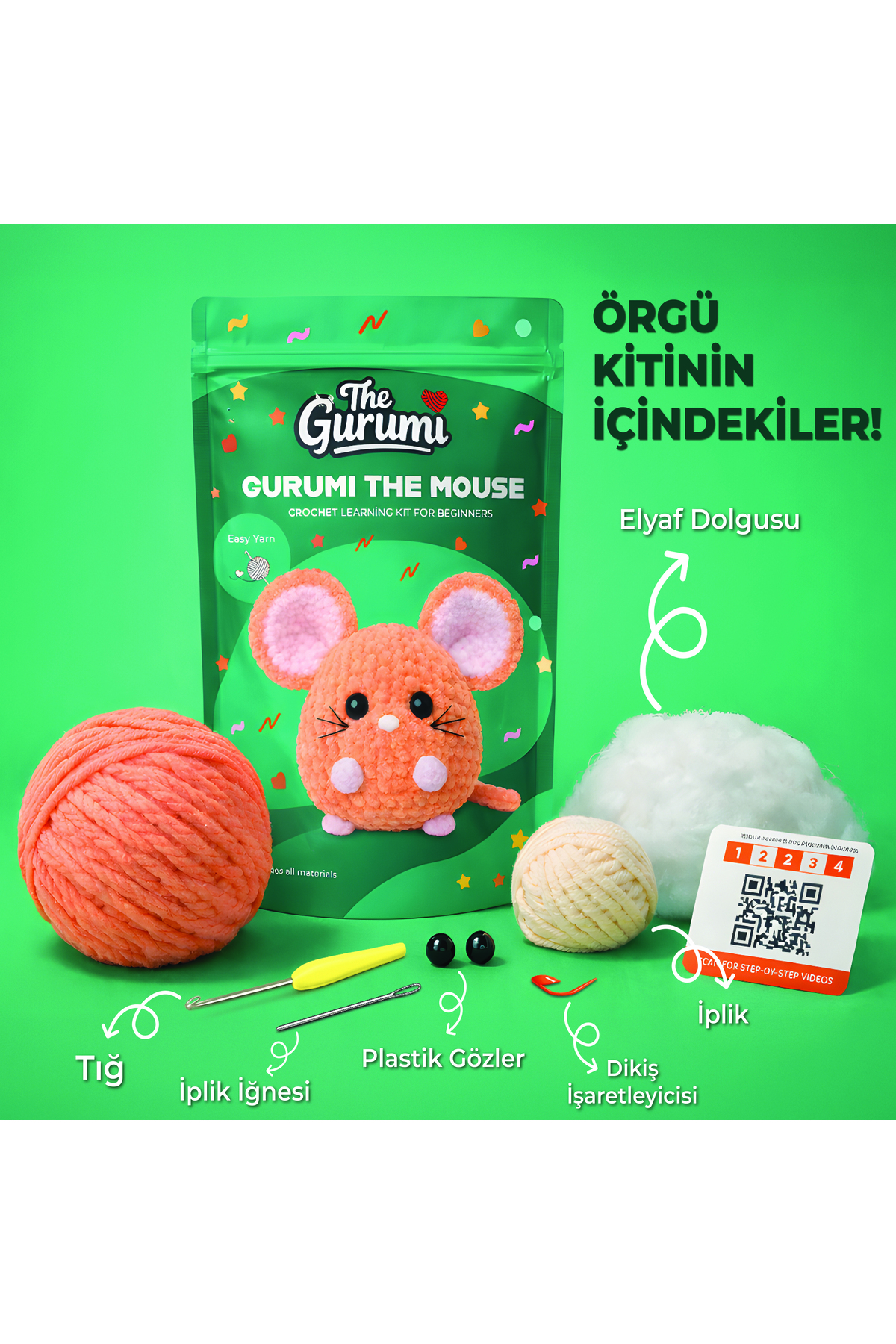 Mouse - Mouse Amigurumi Knitting Kit for Beginners - Hobby Set with Video & All Materials