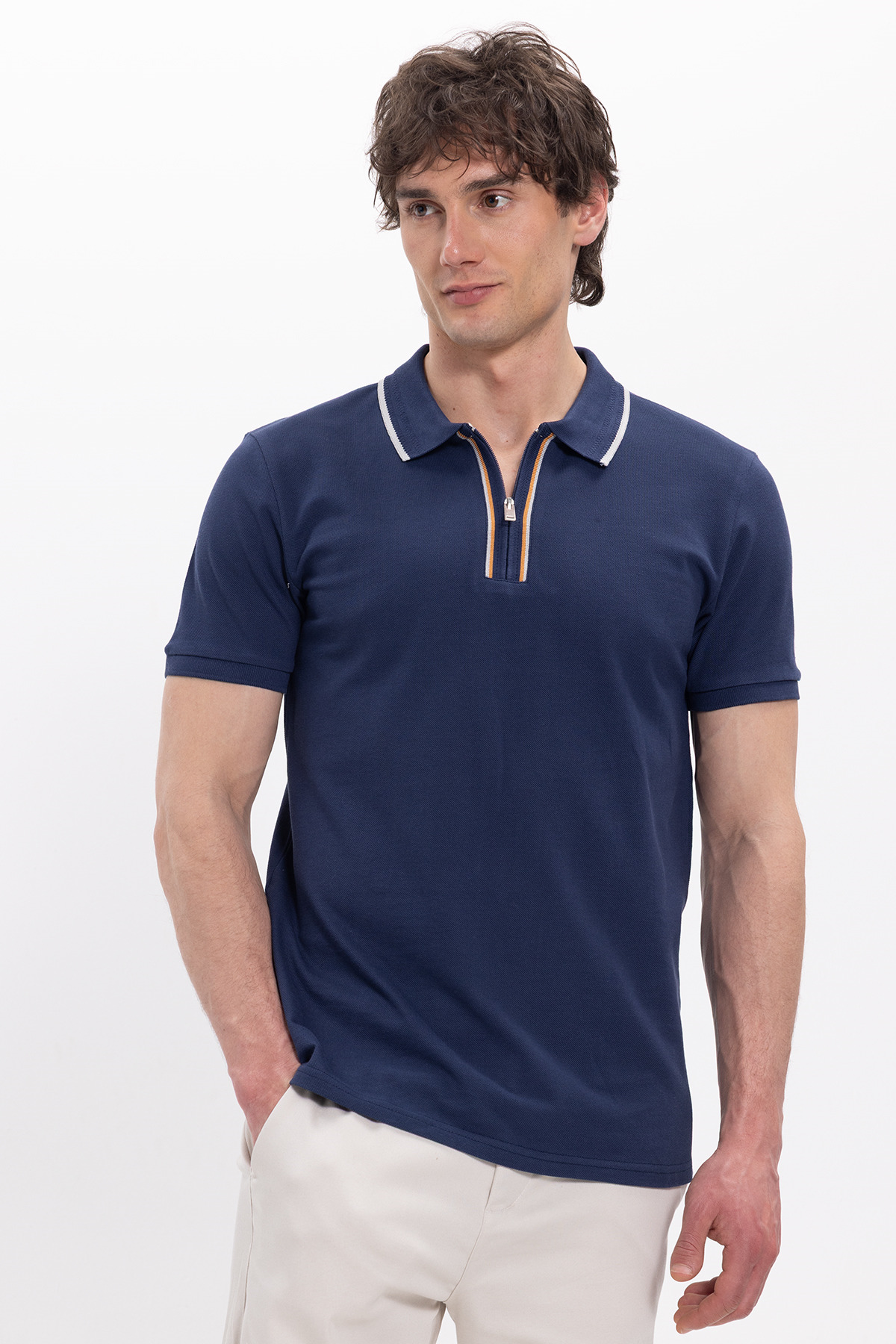 Tudors Men's Slim Fit 100% Cotton Short Sleeve Half Zipper Navy Blue Polo Collar T-Shirt