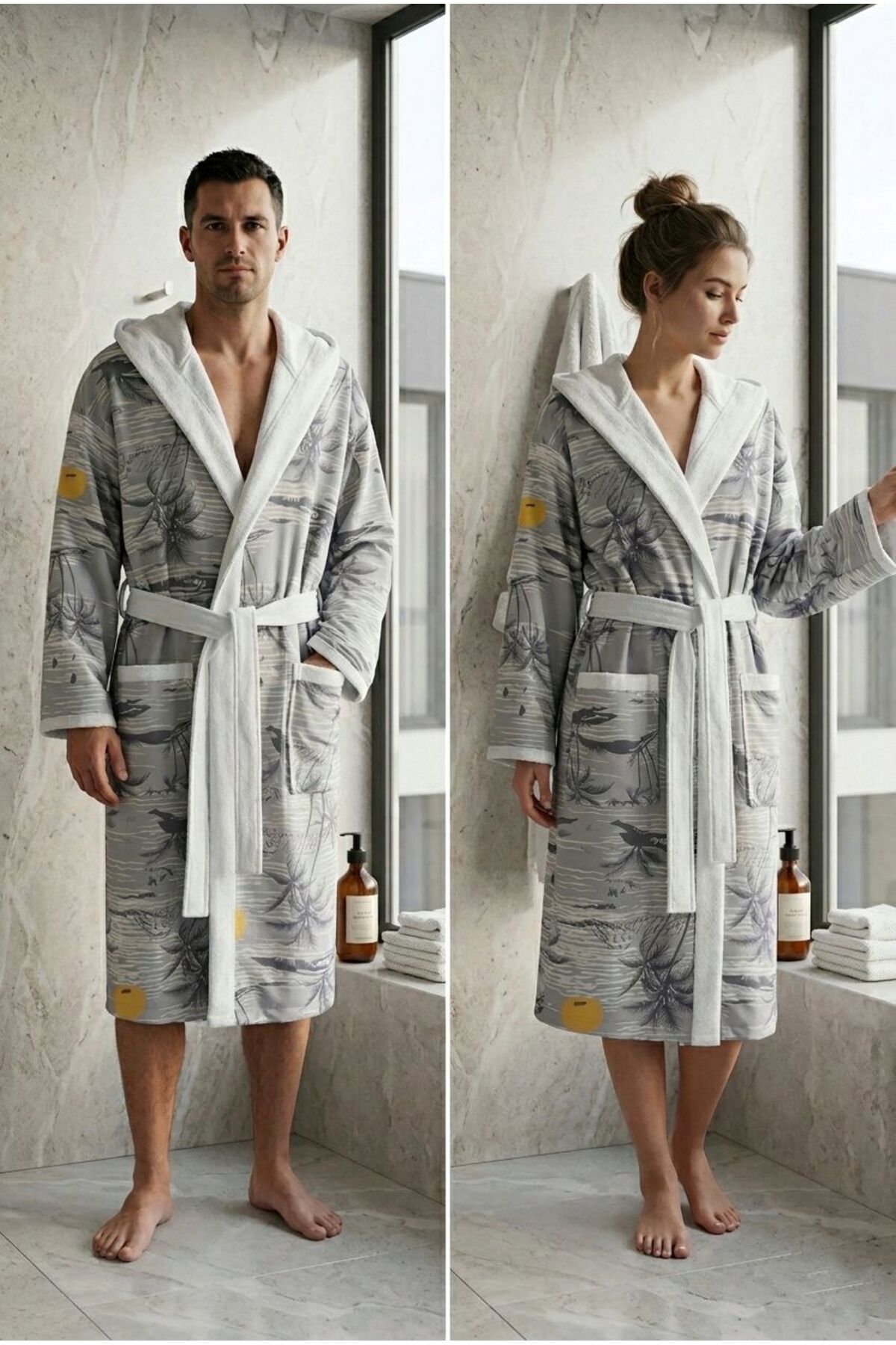 Retro Island Cotton Patterned Hooded Summer Bathrobe