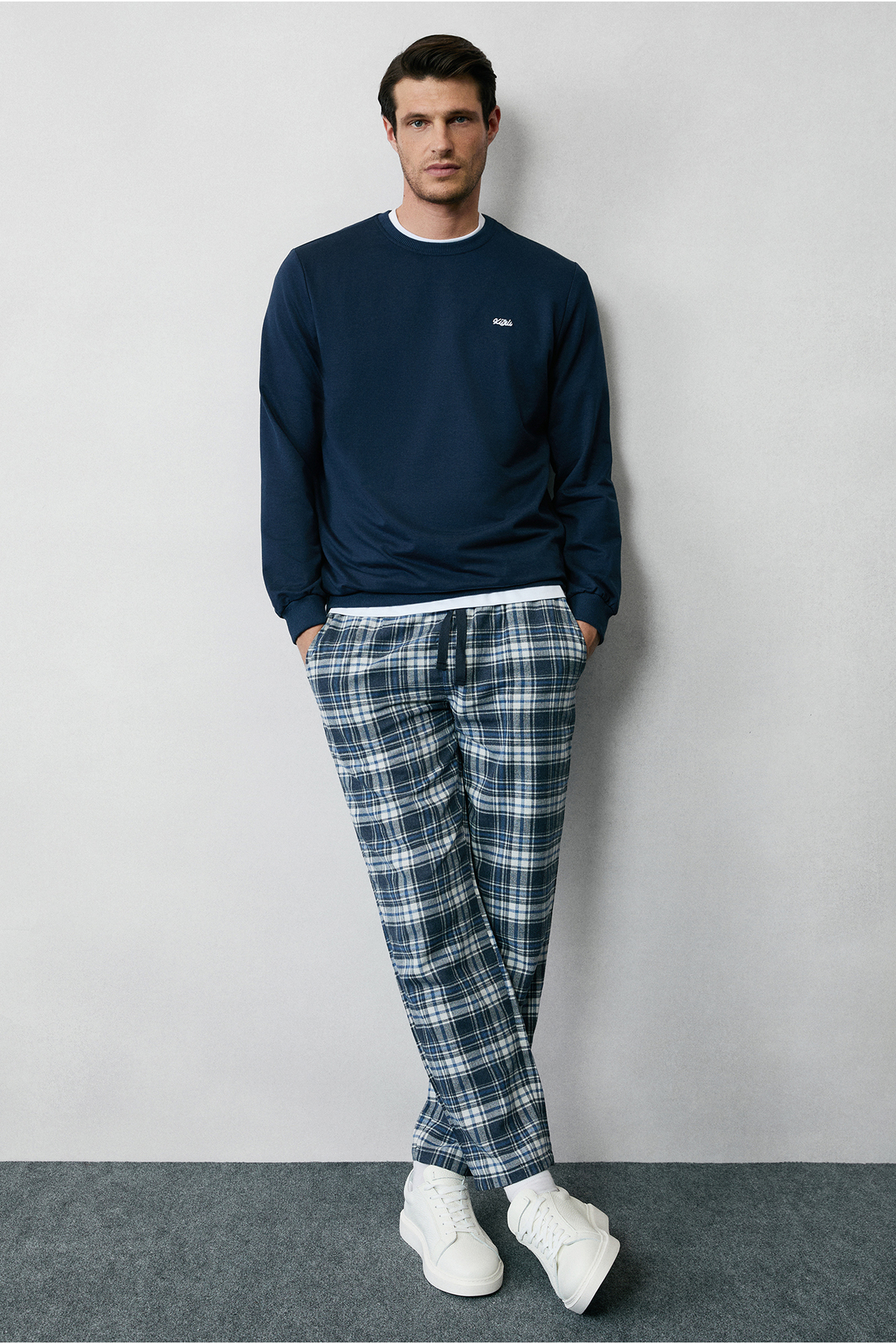 Kiğılı  Pamuk Ekose Örme Çantalı Pijama - Eşofman Altı