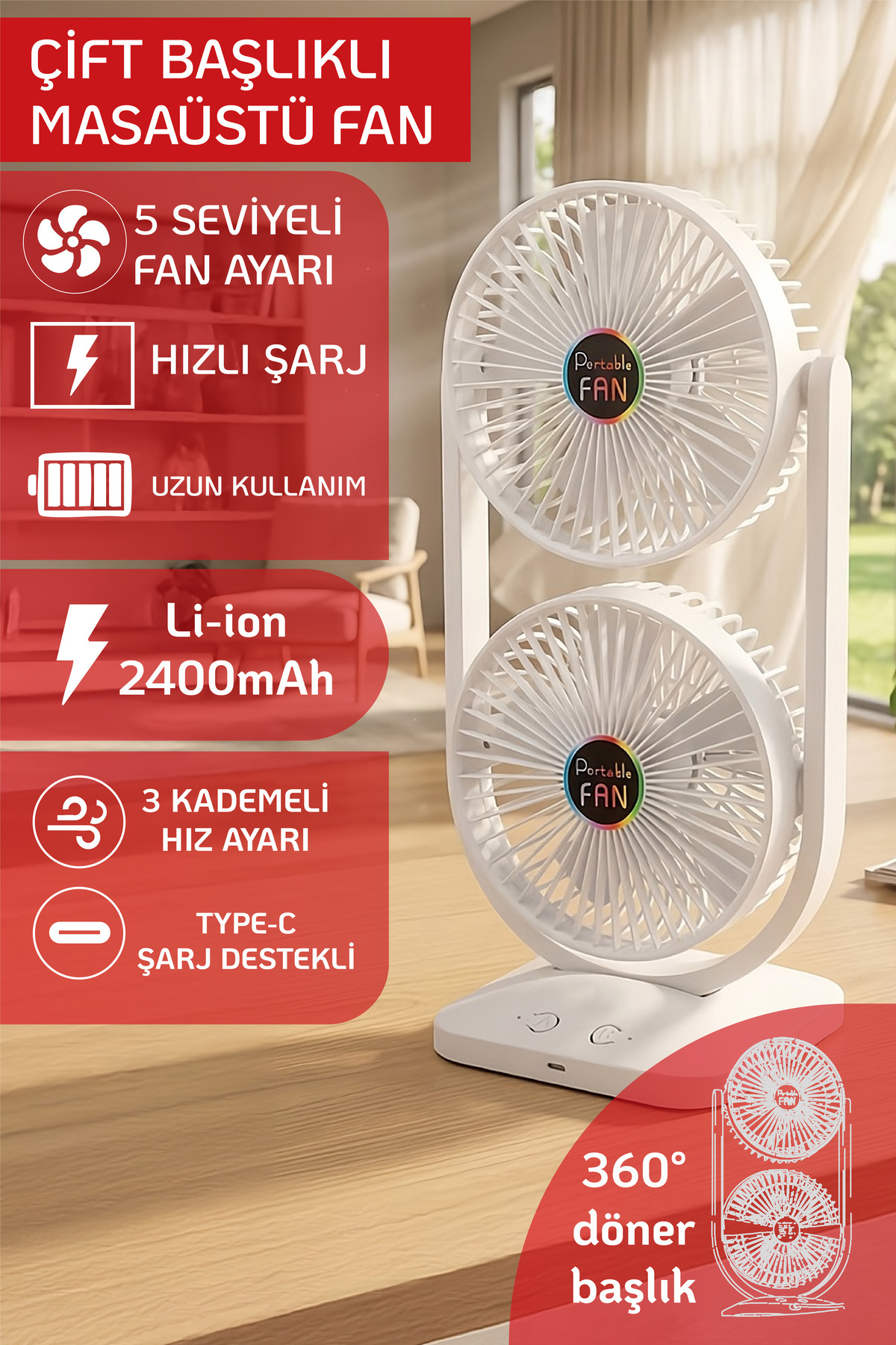 Desktop Fan Double Layer Rechargeable Fan Play Quiet Operation Head Type-C Fast Charge 3 Stage Cooler