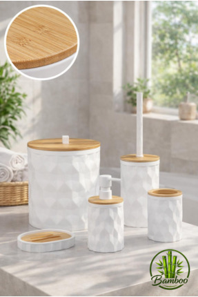 Store Hgy Home Gerçek Bambu Detaylı Kırık Beyaz Diamond 5'li Banyo Seti