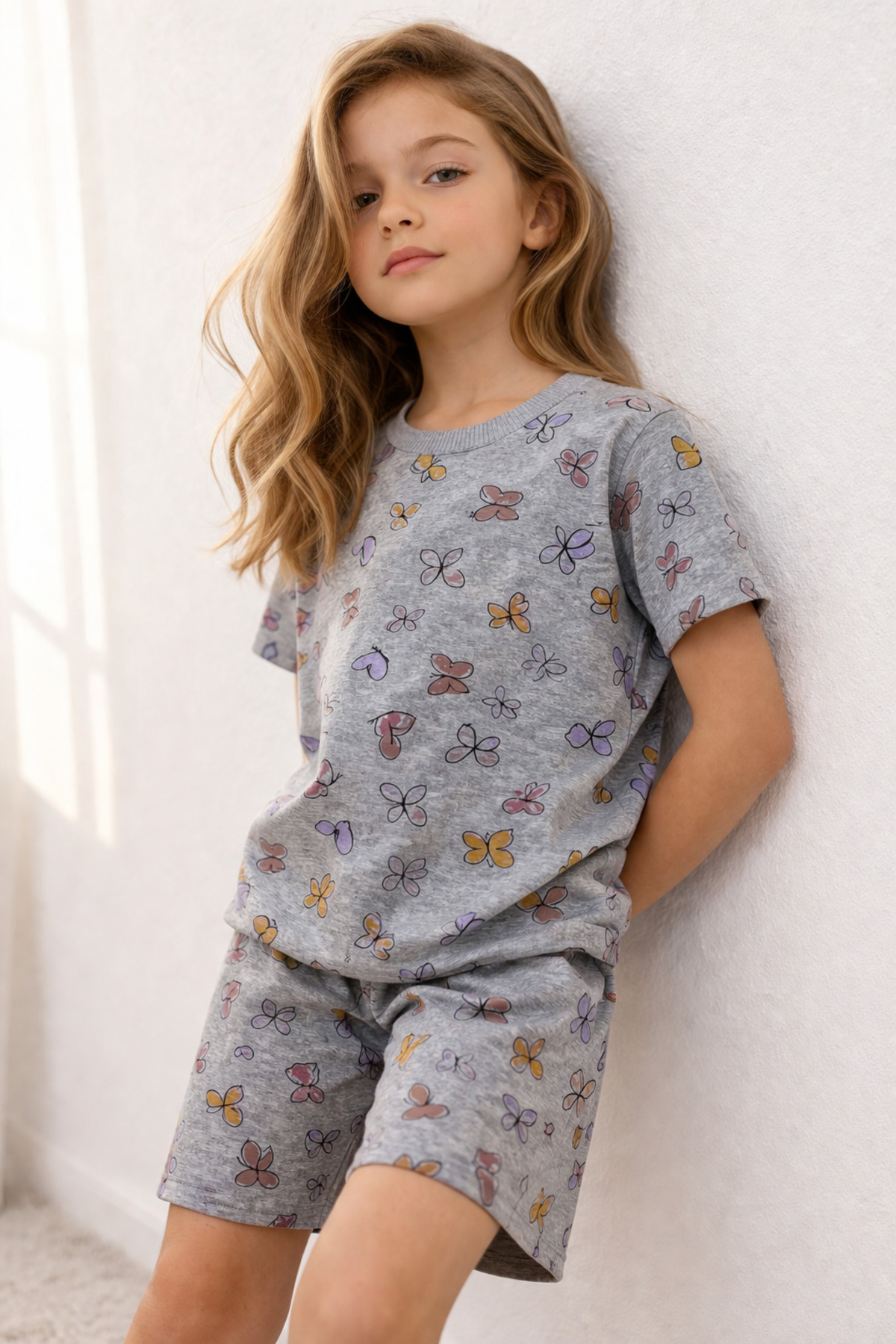 Girls Short Sleeve And Shorts Crew Neck Casual Pattern Pajamas Set Bottom-Top Set
