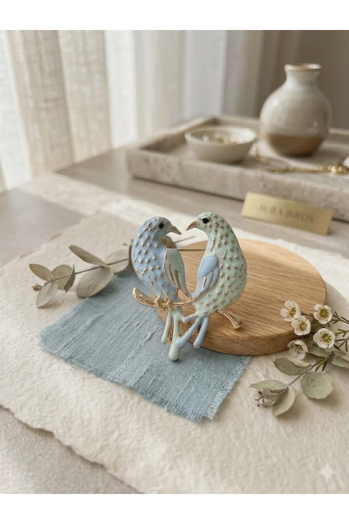 Blue-Water Green Handcrafted Birds in Love Brooch - 5 cm