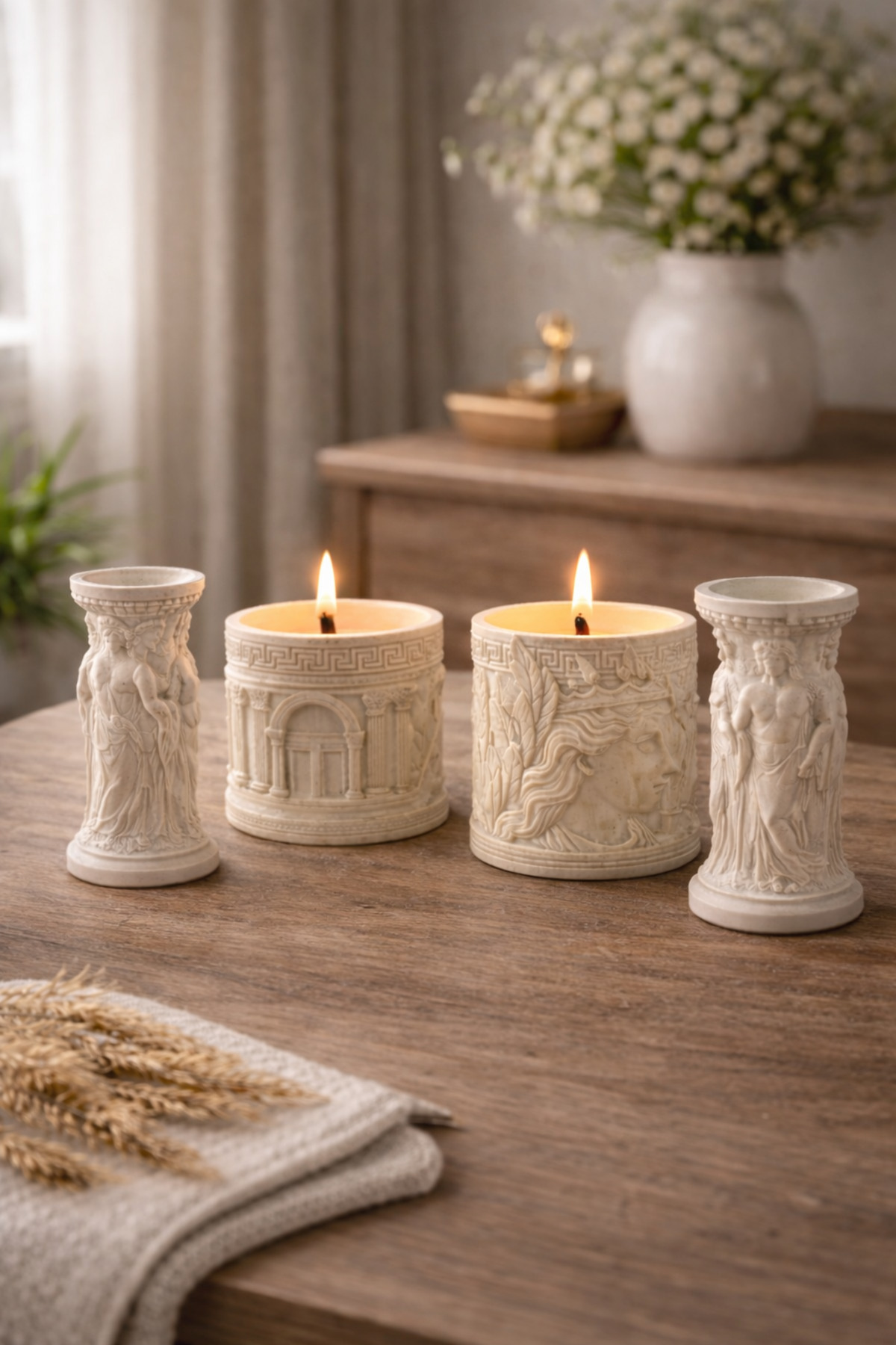 Decorative Candle Holder Set of 4 with Antique Figures – Middle Waxed Hellenistic Design Tealight Candle Holder