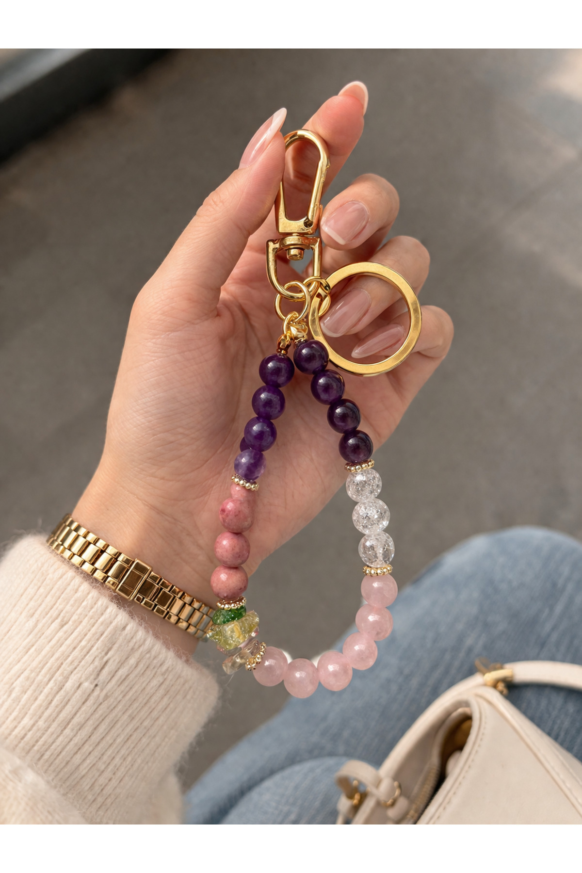 Lovely Natural Stone Bag Ornament Keychain – Amethyst,Rhodonite, Quartz and Pink Quartz (Love-Love-Miracle)