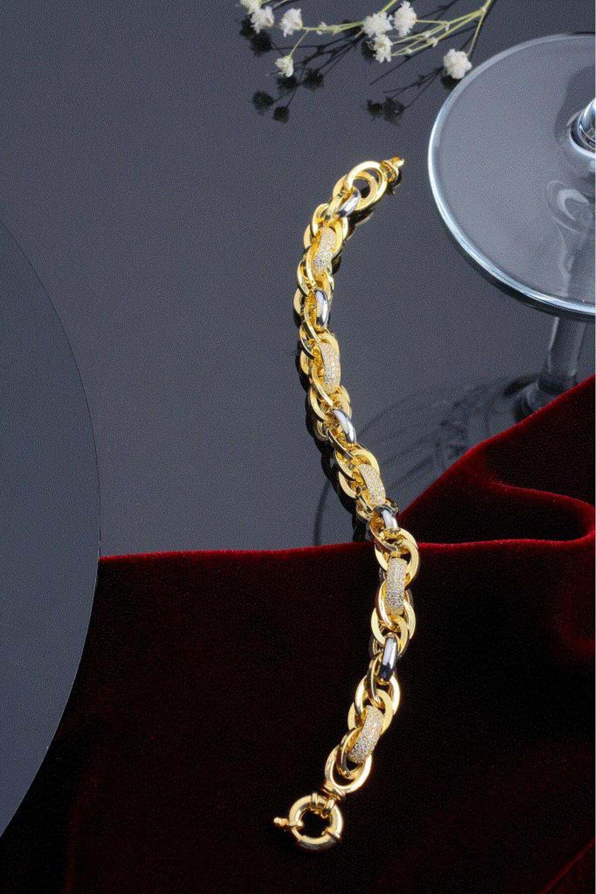 innuendo jewelery 925 Ayar Gümüş Altın Kaplama Zirkon Taşlı Lüks Halka Zincir Bileklik görsel 2