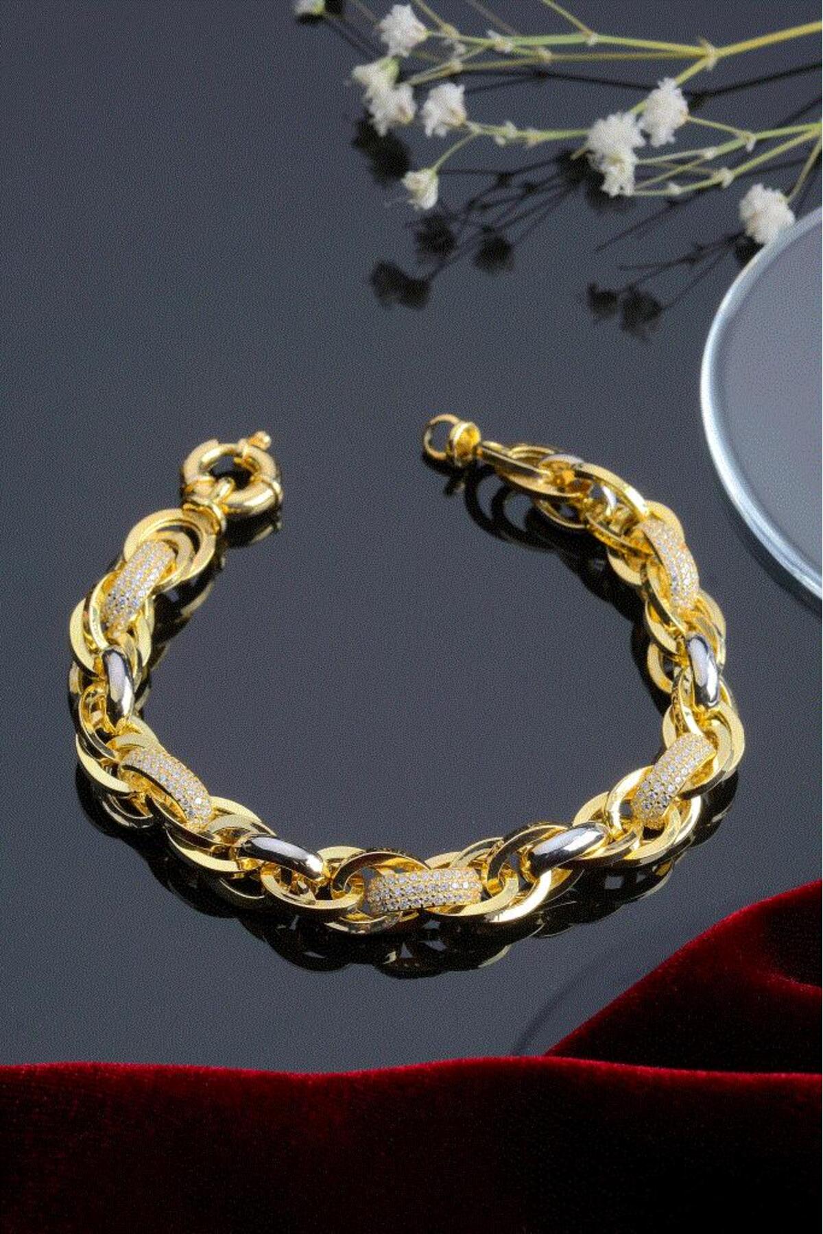 innuendo jewelery 925 Ayar Gümüş Altın Kaplama Zirkon Taşlı Lüks Halka Zincir Bileklik