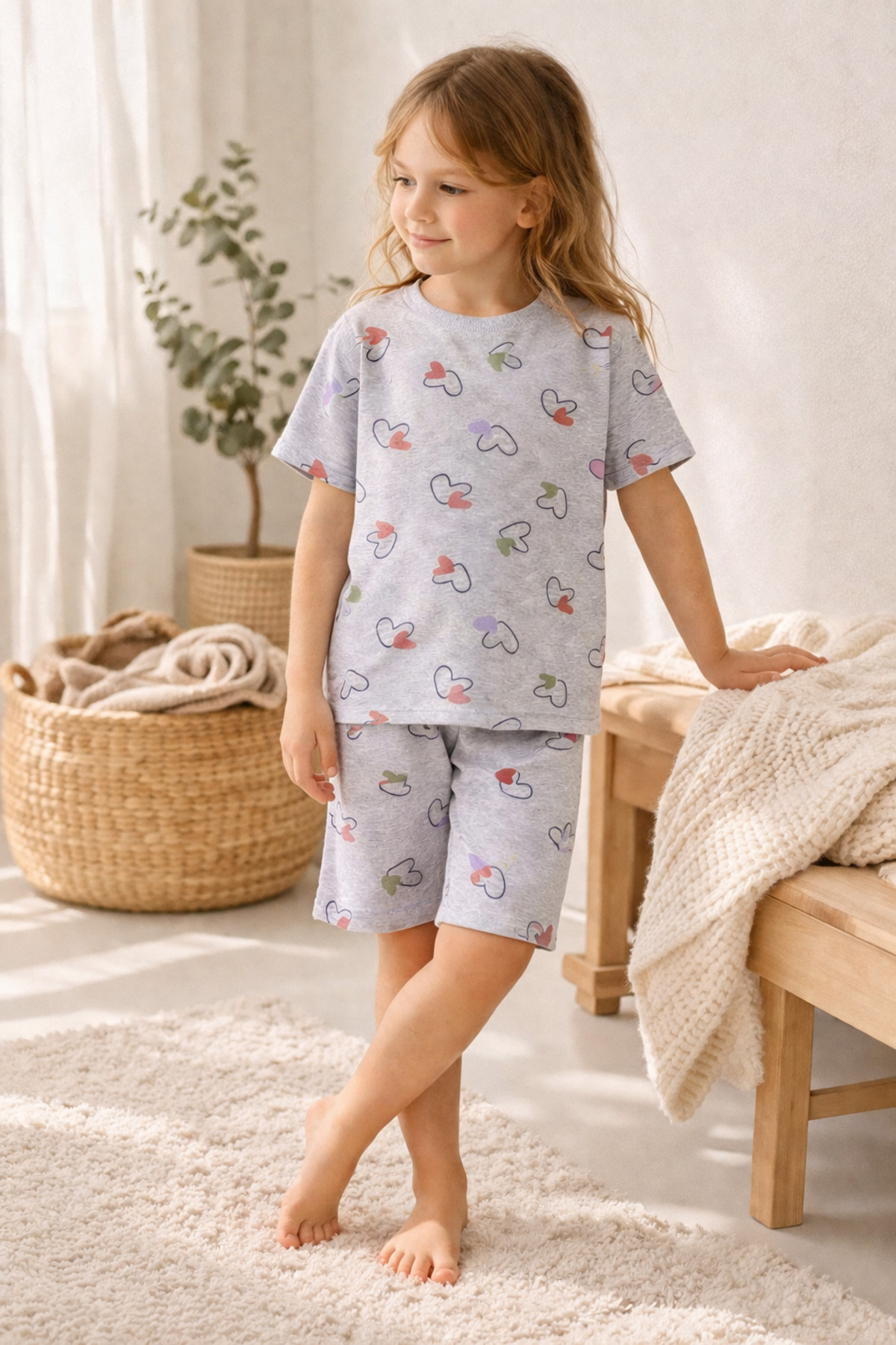 Girls Short Sleeve And Shorts Crew Neck Casual Pattern Pajamas Set Bottom-Top Set