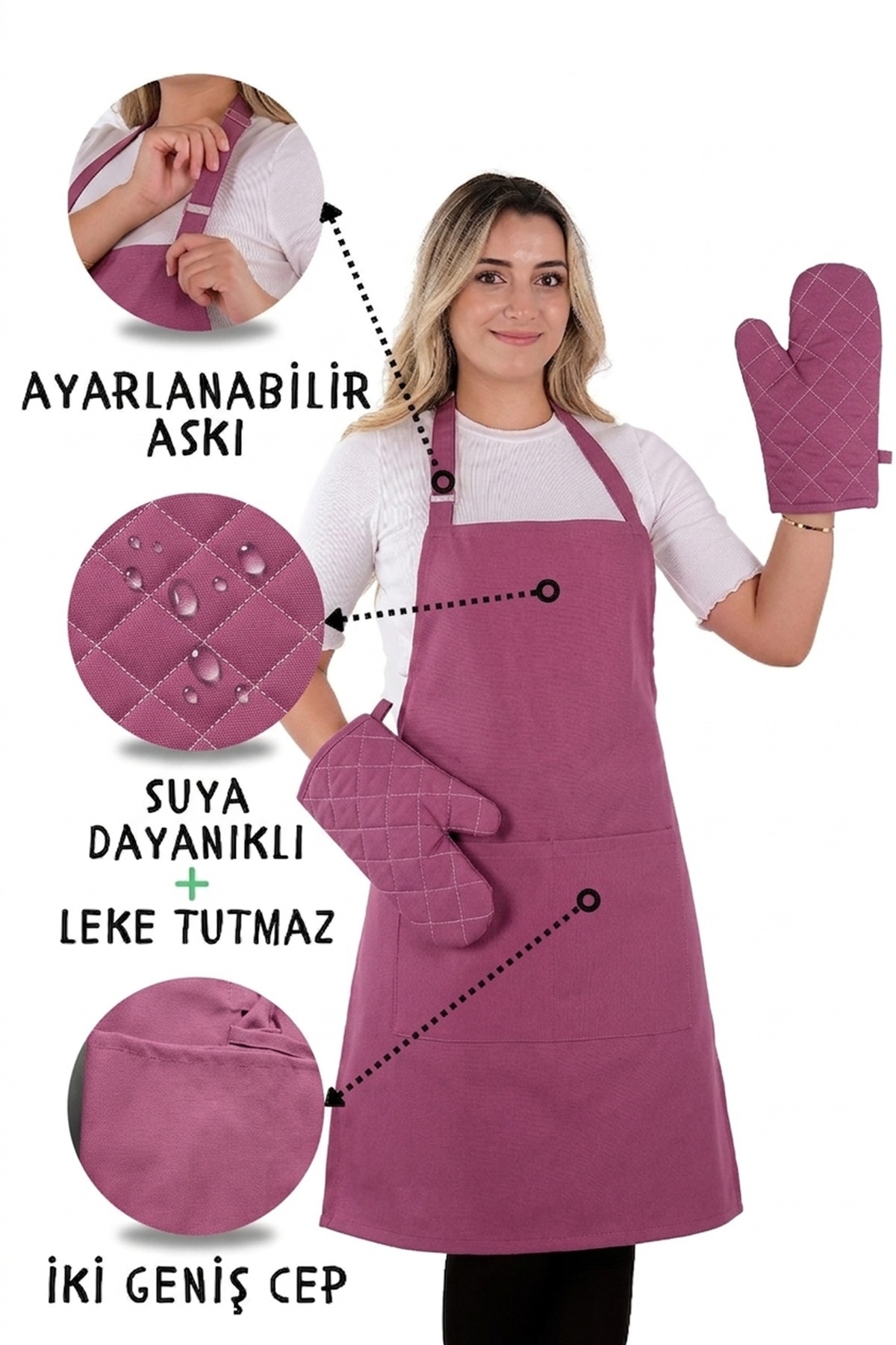 Simple 3-Piece Set Kitchen Apron Set with Adjustment Strap Pocket (2 GLOVES) Chef Waiter Cafe Cook Barista