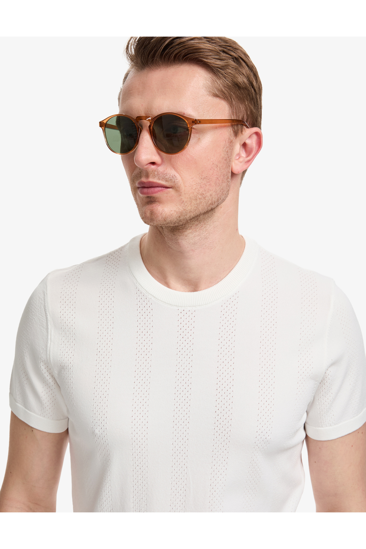 تی‌شرت بافتنی یقه گرد اسلیم فیت سفید کرم رنگ 50320813-VR019 پیر کاردین تی شرت Pierre Cardin
