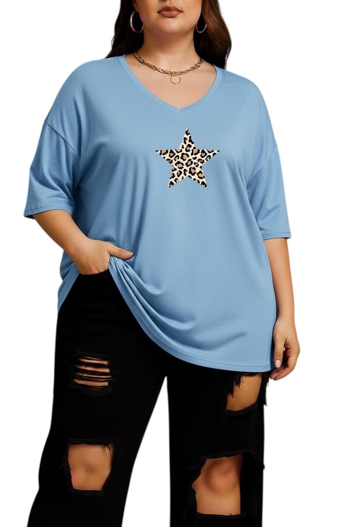 LEOPARD STAR PRINTED V-NECK OVERSIZED TEE 2CZ1
