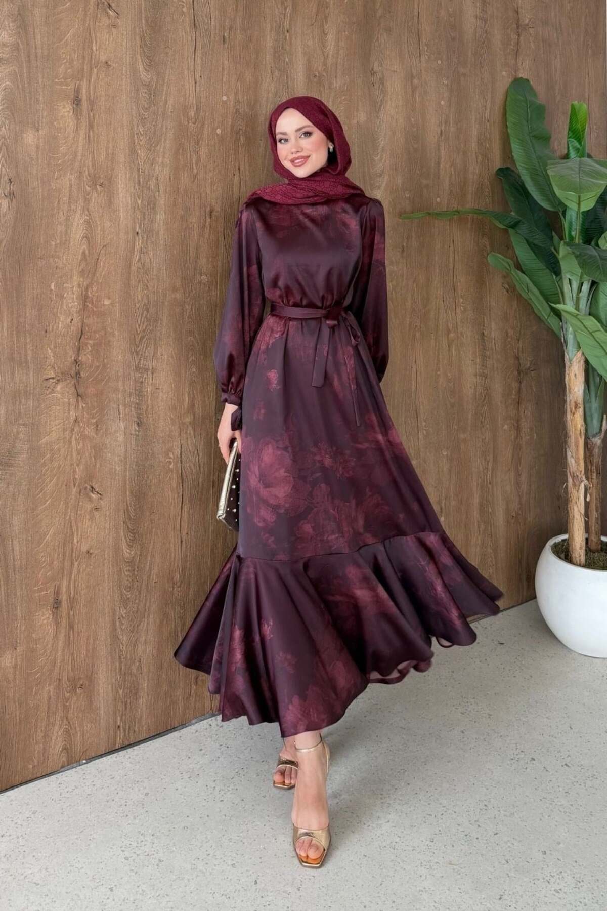 Şulemoda Giyim  Melike Desenli Saten Elbise Bordo