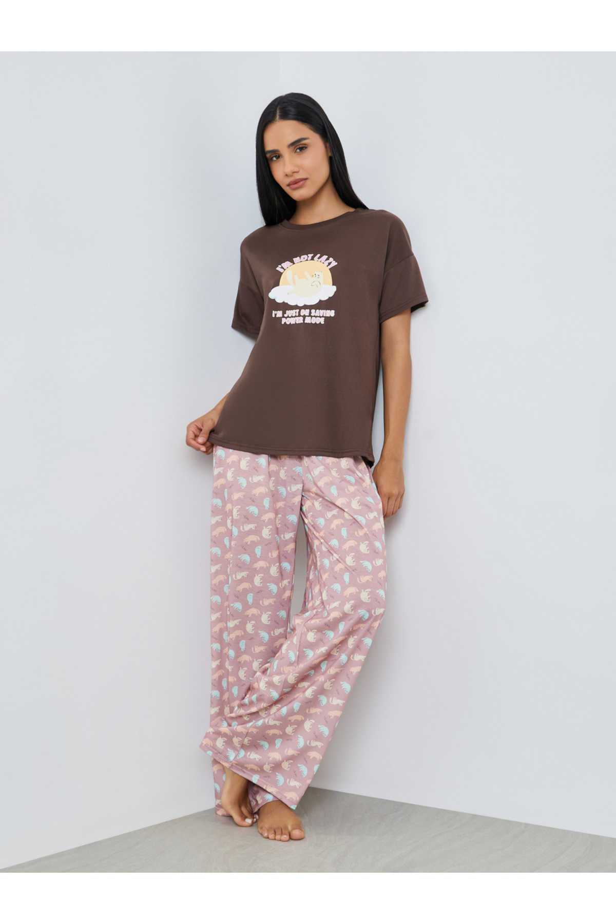 Styli Lazy Cat Graphic Drop Shoulder T-Shirt and Pyjama Set
