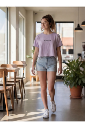 QualiTee Kadın Lila Crop Tişört Basic Baskılı Yazlık Kısa Tişört