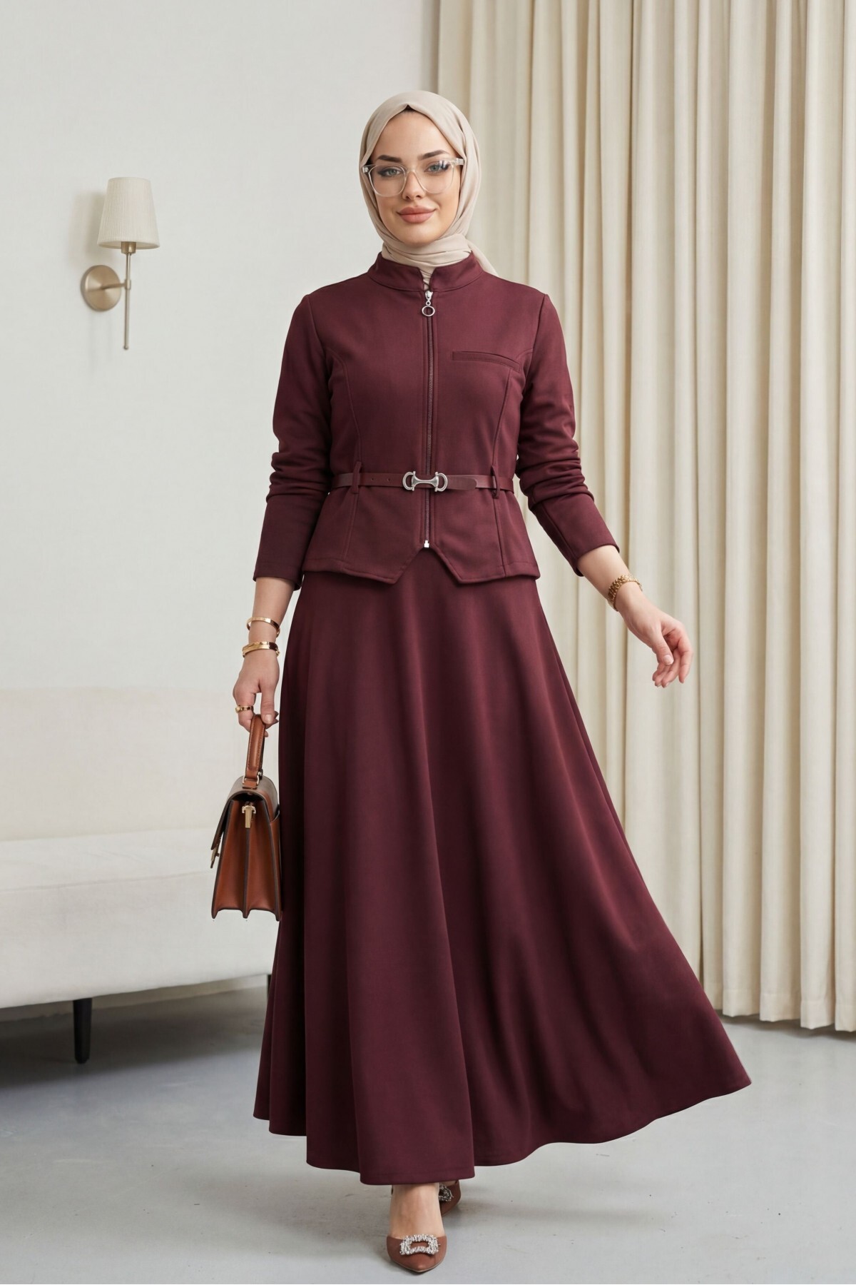 Modamorfo Diagonal Suit with Front Zipper Pocket Detail, Belted Waist, and Skirt - Burgundy