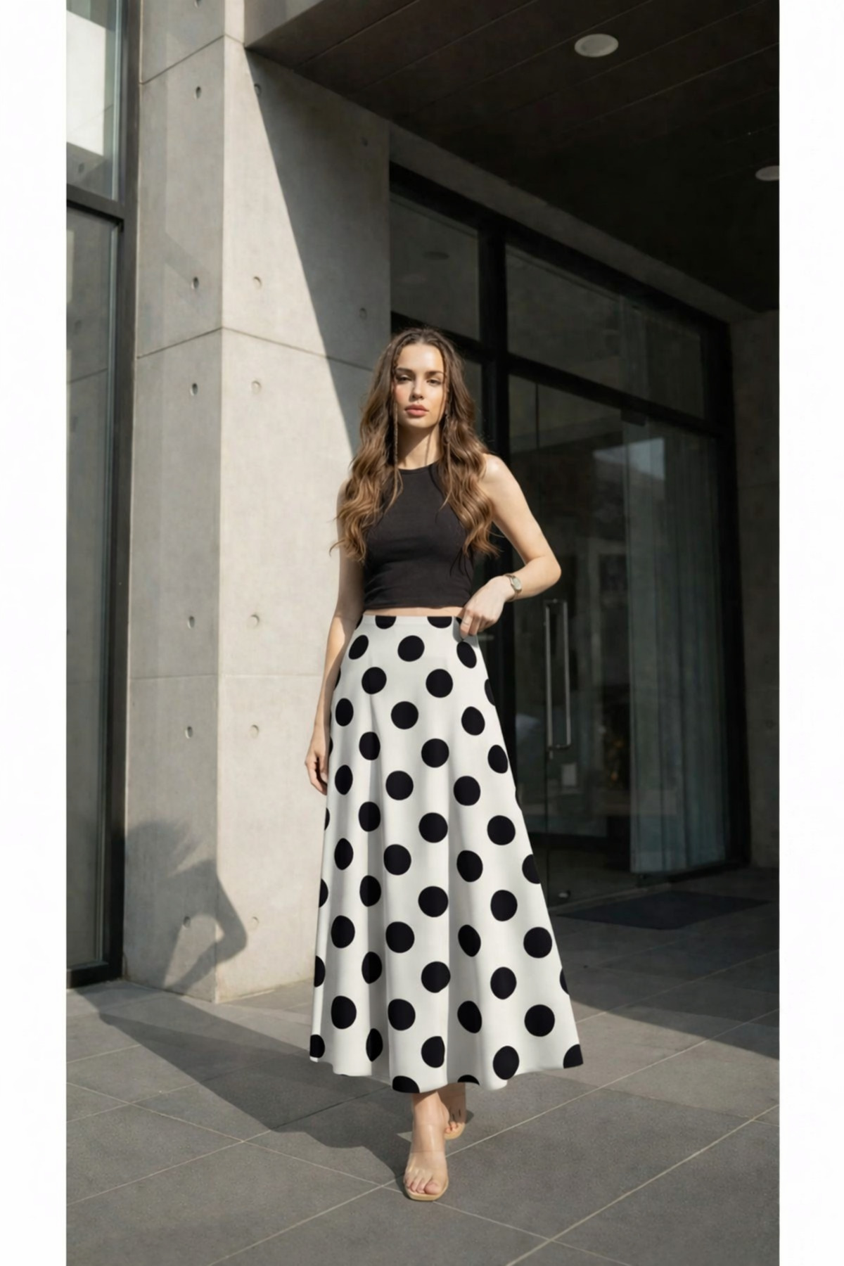 EYYE  Beyaz Puandiyeli Desenli Uzun Bürümcük Kloş Etek