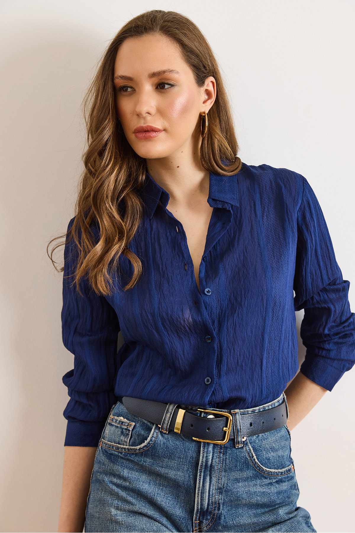 Olalook Women's Navy Blue Patch Textured Long Sleeve Shirt Gml-19001428