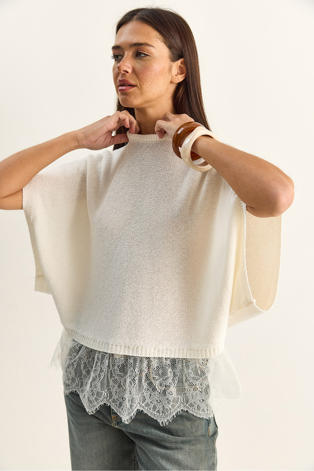 Women's Lace Detailed Half Turtleneck Bat Sleeve Oversized Knitwear Blouse TK261025 60286174