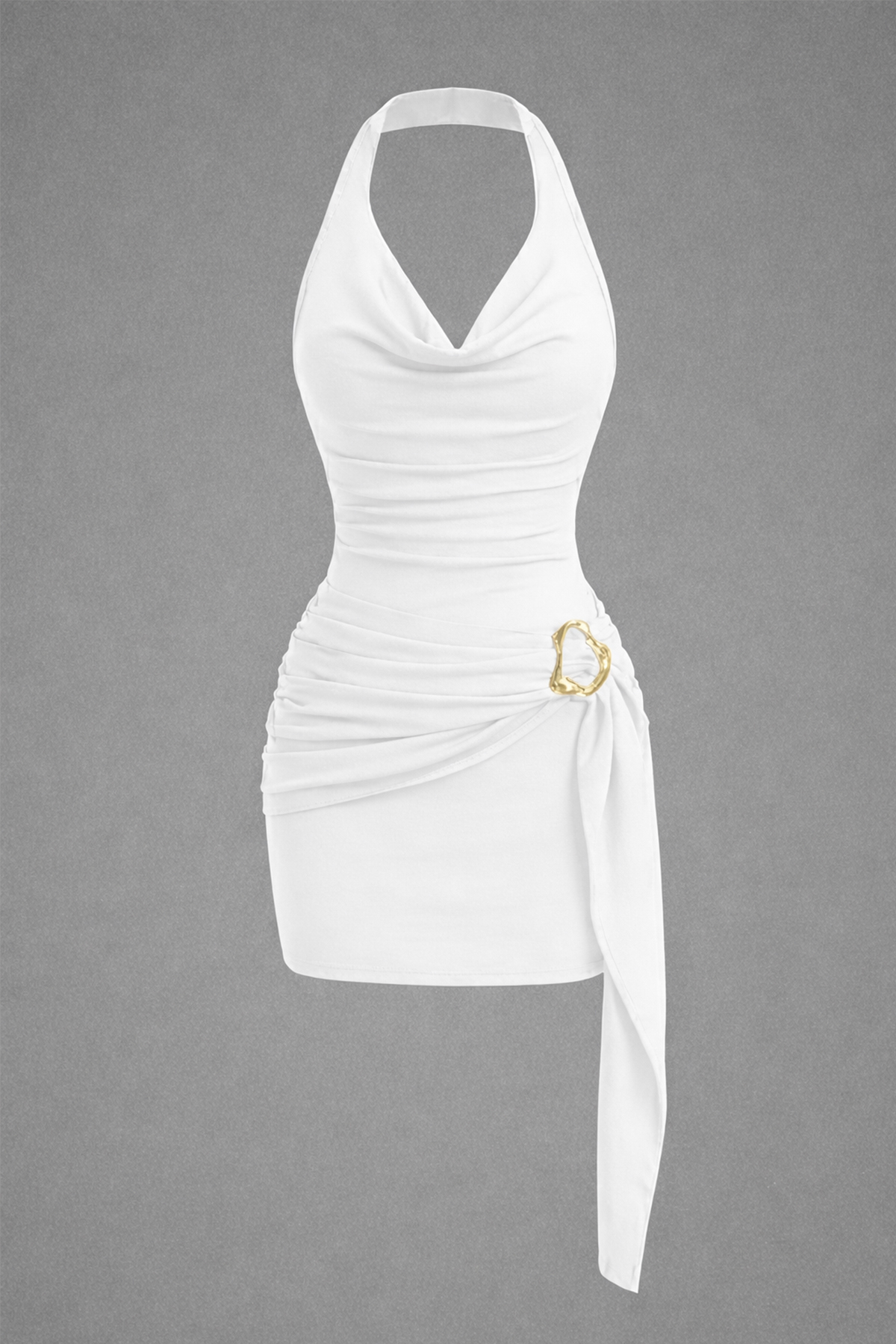 World Fashion Trends  EKRU Kadın DEGAJE HALTER Yaka Toka Detaylı Kuşaklı Toparlayıcı Kalıp Mini Elbise