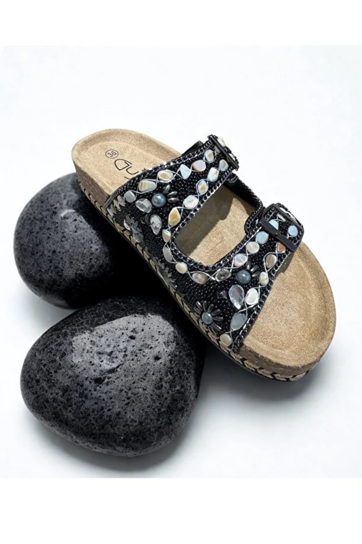 26y106 Women's Two Buckle Mushroom Sole Comfort Slippers with Gemstone