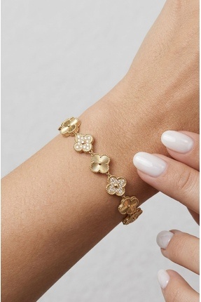 Glowisters Jewelry Işıltılı Dokulu Gold Yonca Bileklik