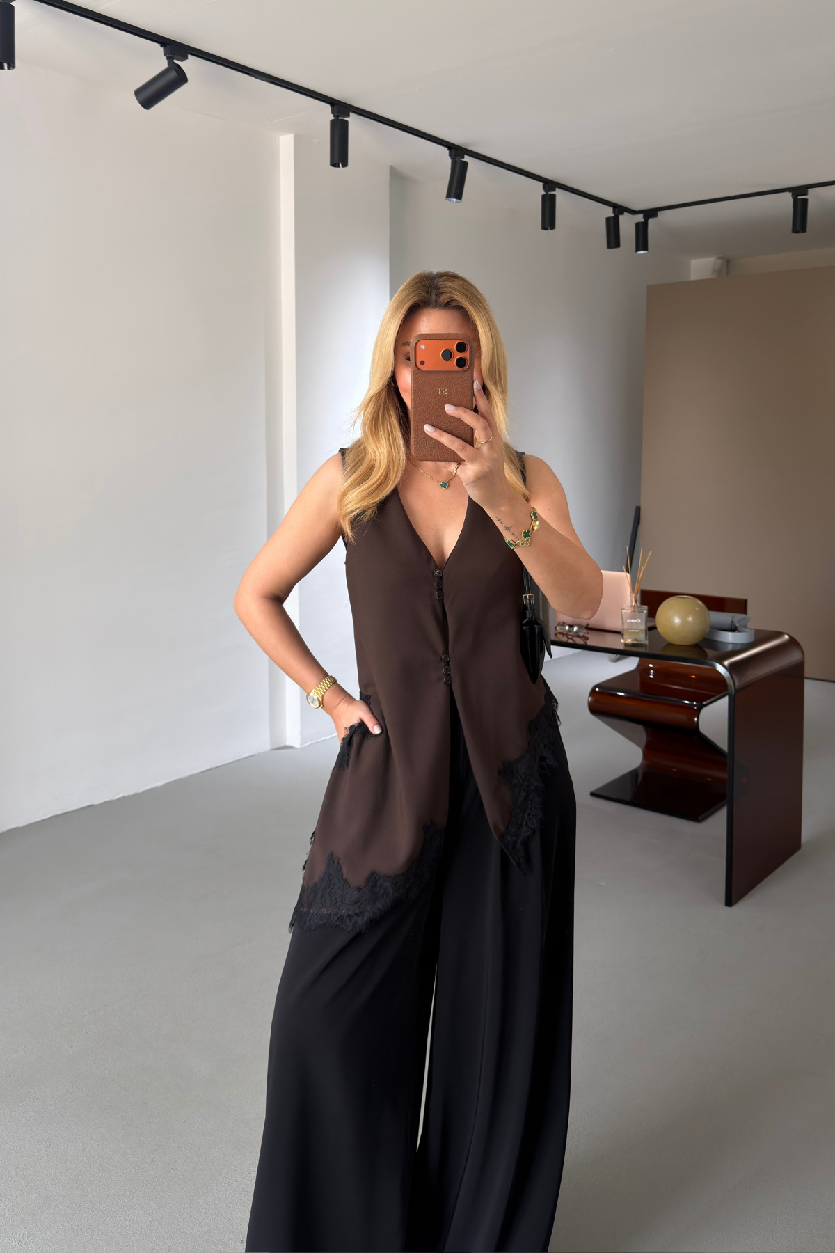 Sezgi Tekin Lace Detail Asymmetrical Cut Brown Vest- Trendyol