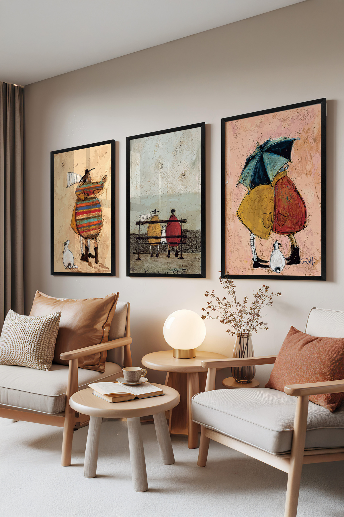 3-Piece Painting Set with Black Frame, Vintage Love – Vintage Couple Illustration Set No: 30155