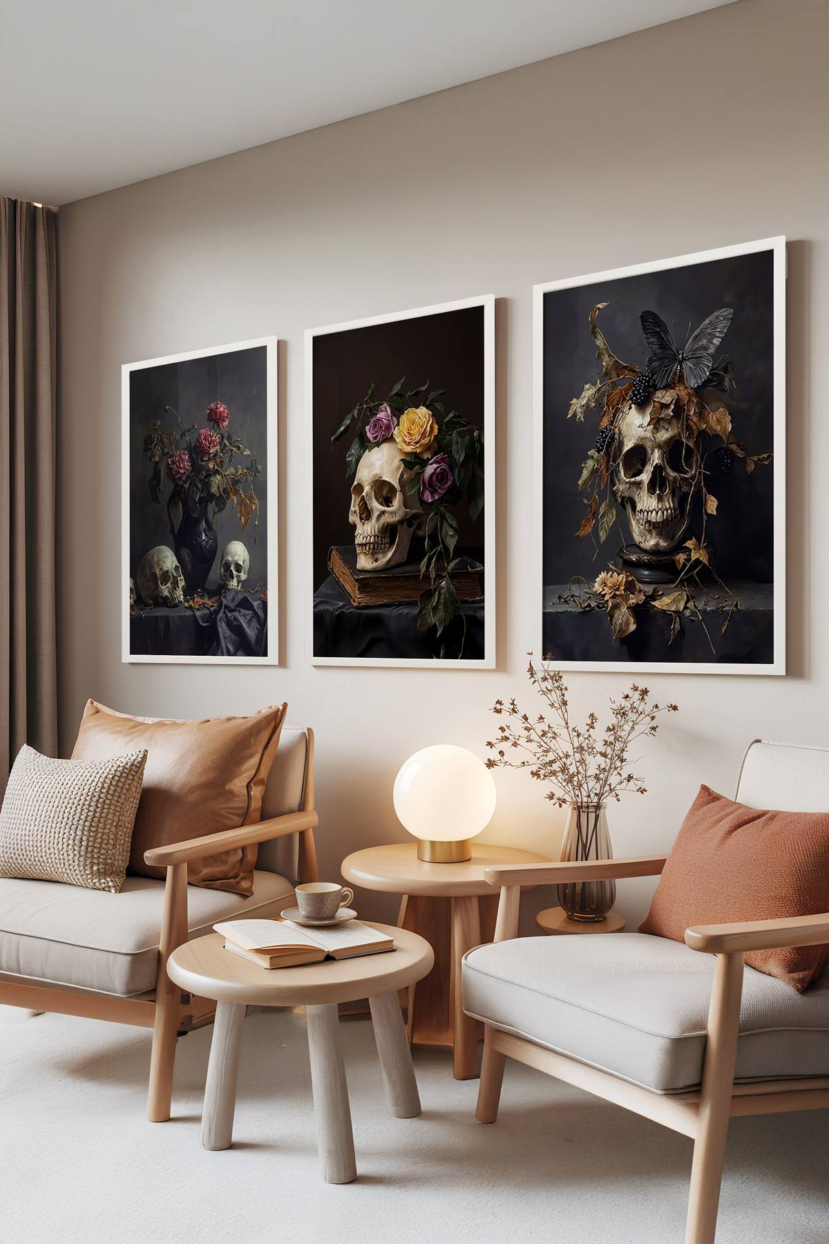 3-Piece Painting Set with White Frame, Memento Mori – Artistic Skull and Flower Set No: 30158