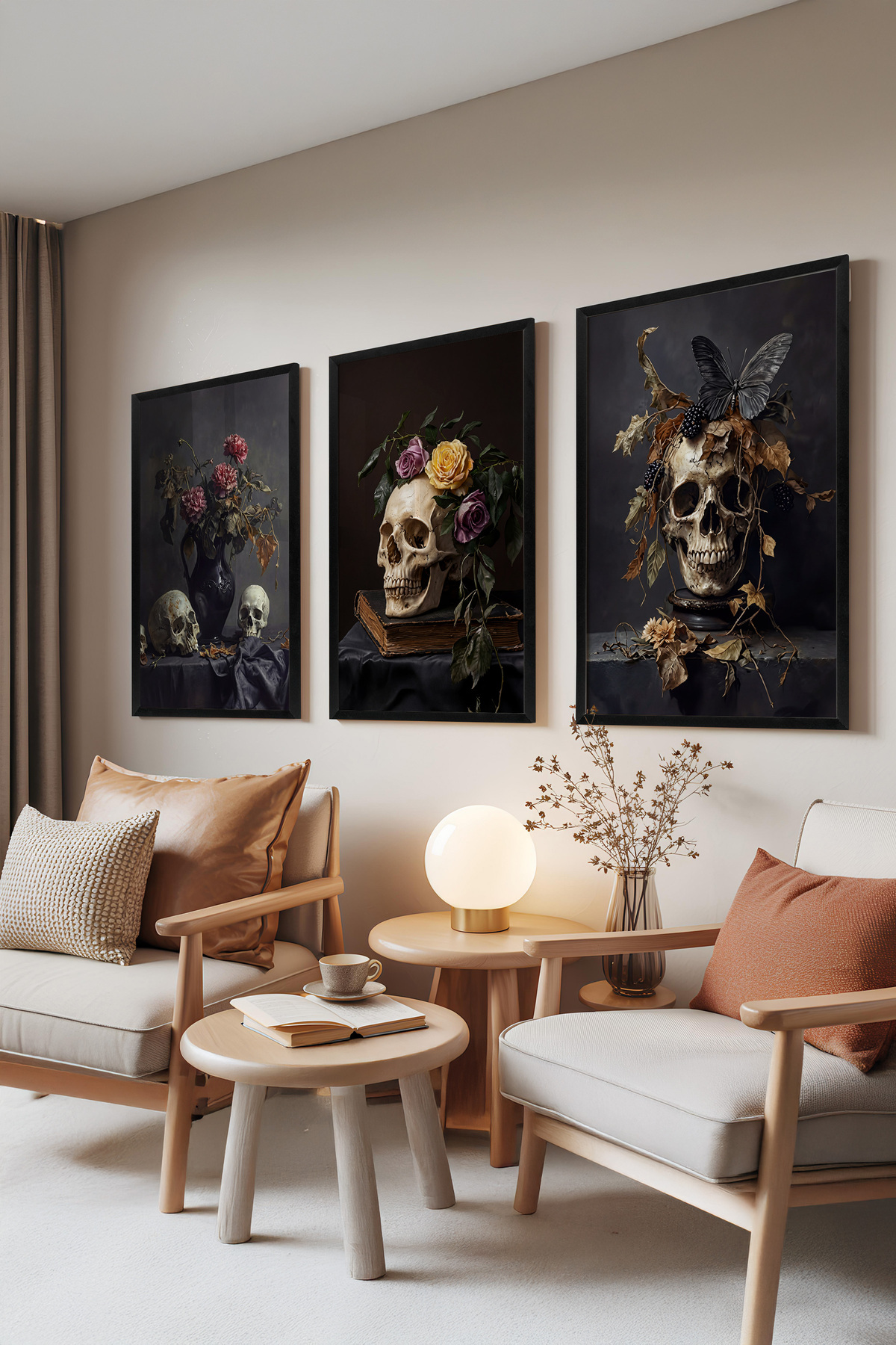 3-Piece Painting Set with Black Frame, Memento Mori – Artistic Skull and Flower Set No: 30158