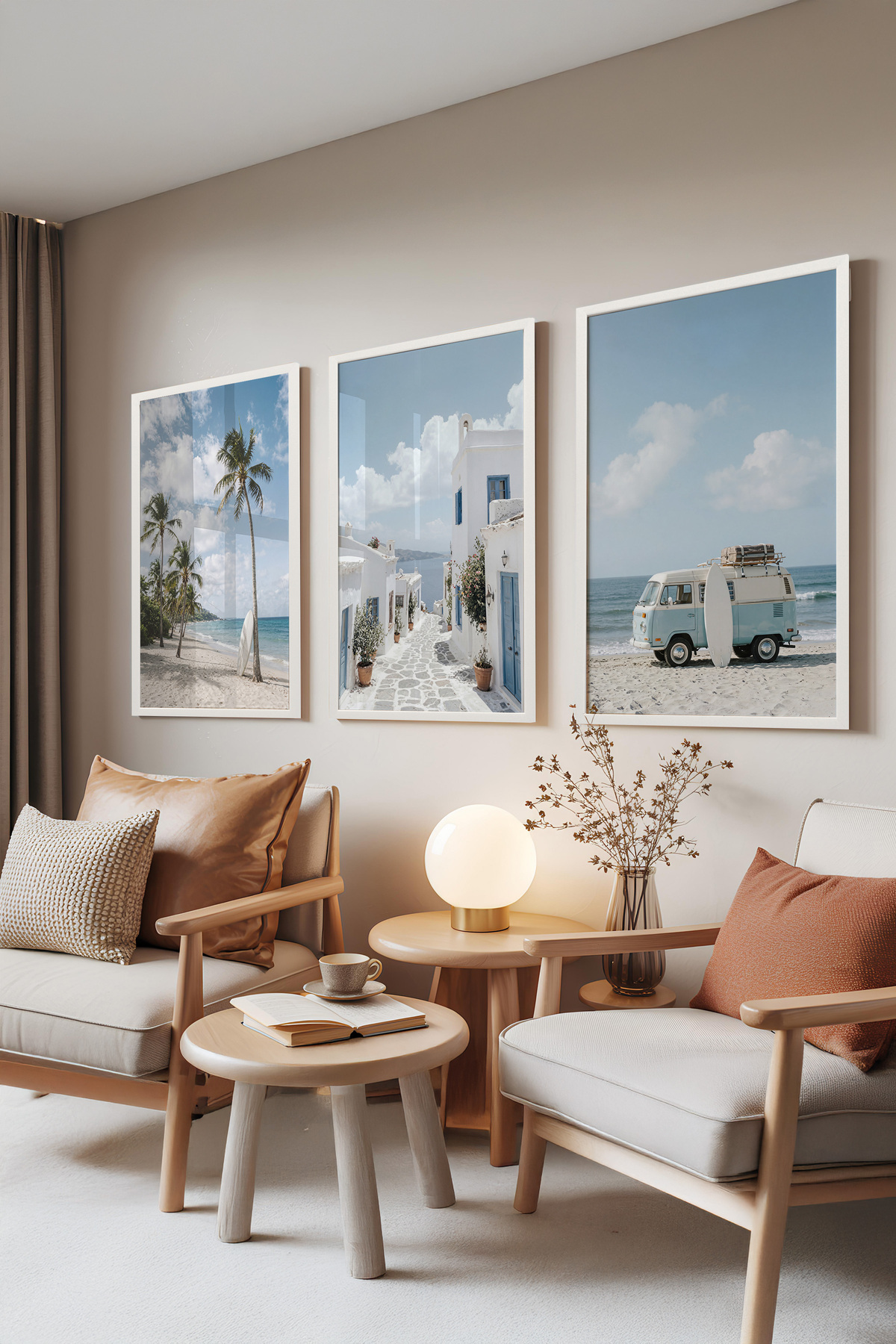 3-Piece Painting Set with White Frame, Coastal Life-Palm and Coastal View Set No: 30156