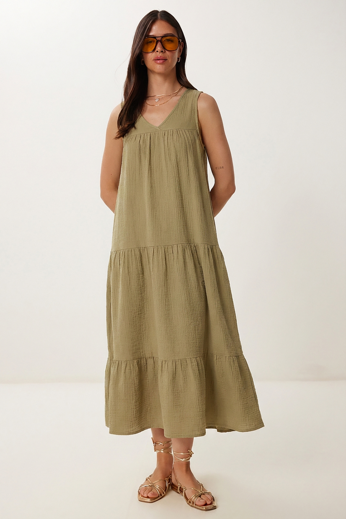Flywheel Summer Muslin Dress LMX0087 OLIVE GREEN