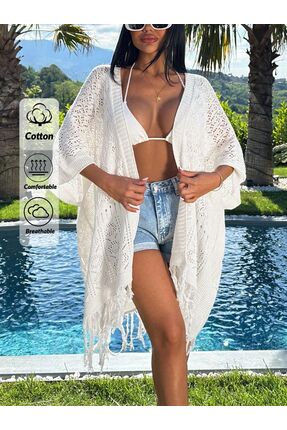 Jinx Wear Fashion Yazlık Tığ İşi Kimono Kadın Plaj Pareo Püsküllü Hırka Ceket