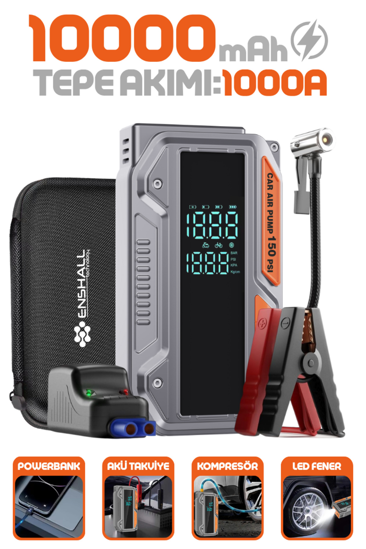 Enshall 10.000mAh Jump Starter Akü Takviyeli 1000A Tepe Akımlı