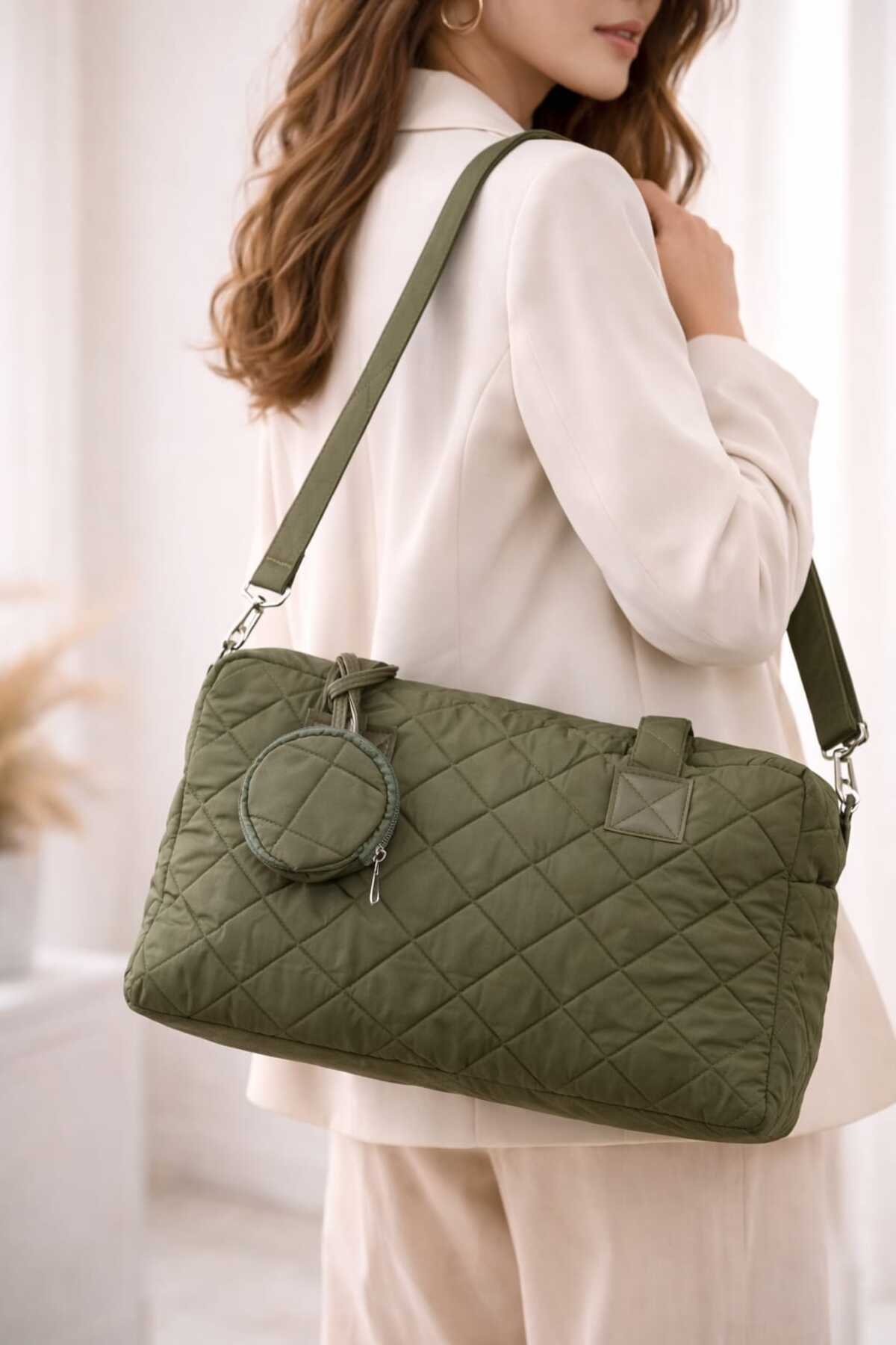 ELAN COLLECTİON Kadın Çanta Kapiton Model Sportif Casual El Kol ve Omuz Çantası Haki görsel 5