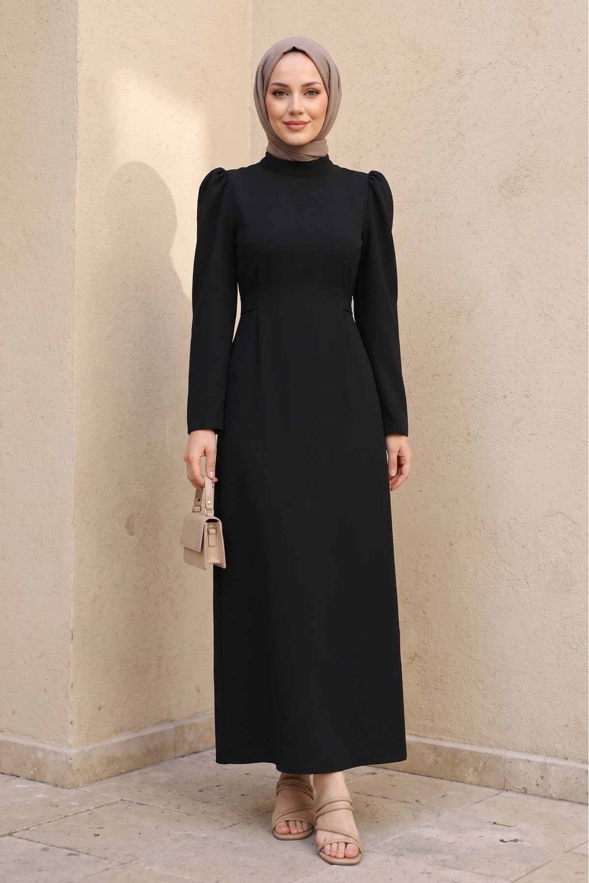 Judge Collar Seated Waist Back Zippered Sleeve Cuffed Modest Pen Dress -Black