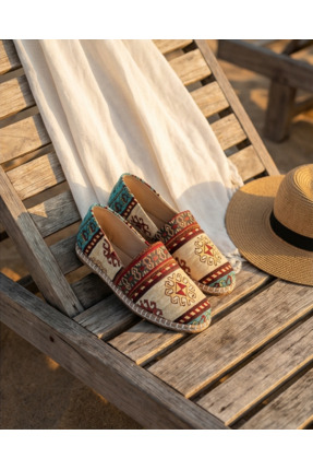 futsi shoes Kilim Desenli Hakiki Deri Kadın Espadril Ayakkabı