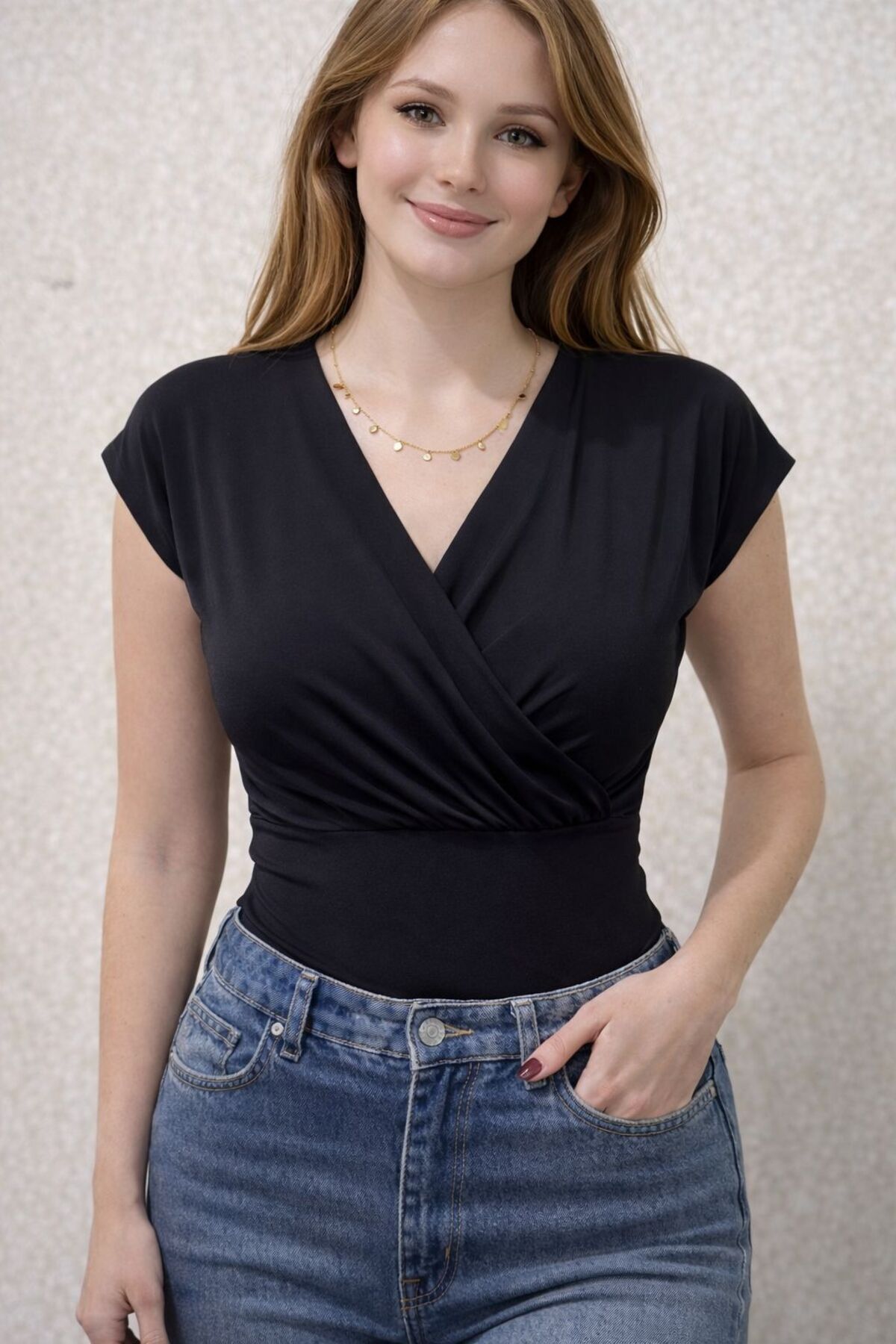 Women's Wrap Collar Draped Short Sleeve V-Neck Stretchy Fabric Casual Stylish Blouse 202