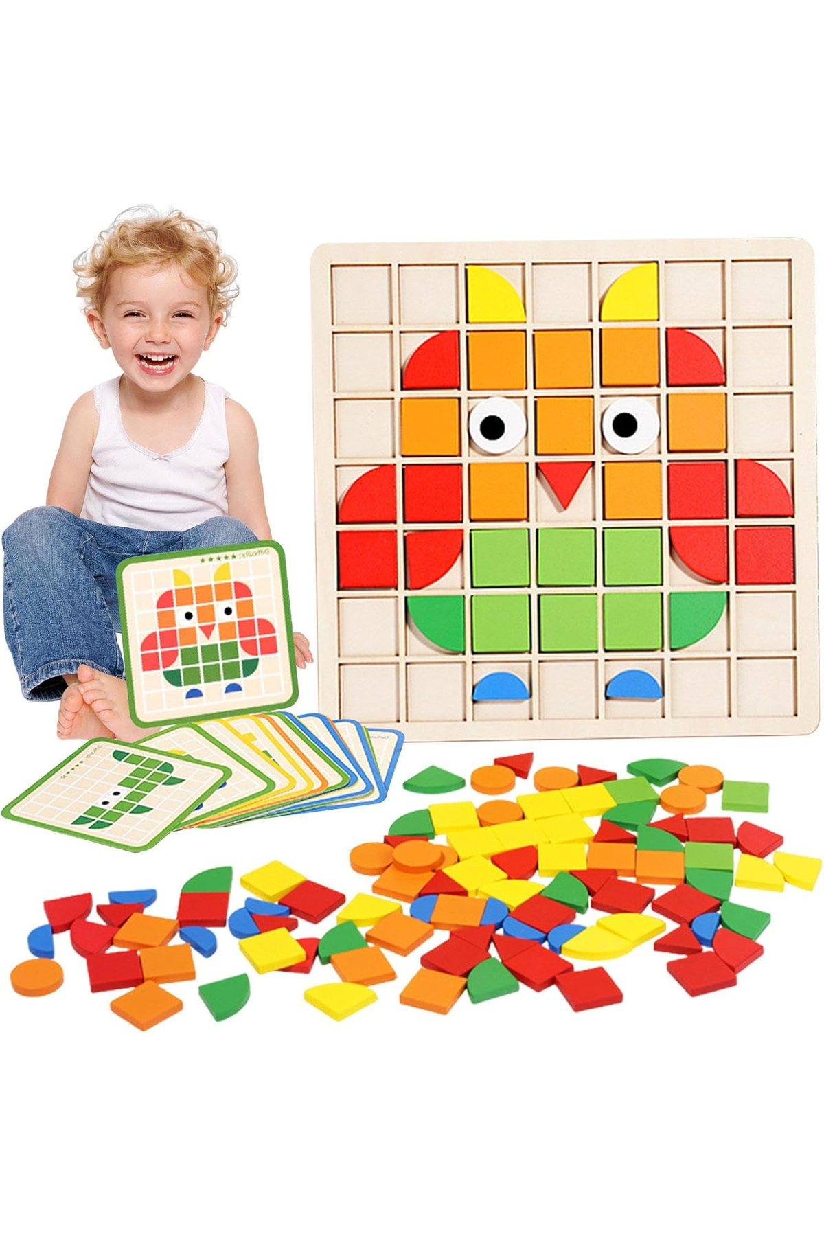 Lacoz Colorful Pattern Block Puzzle Board with Cards Educational Shape Matching Game