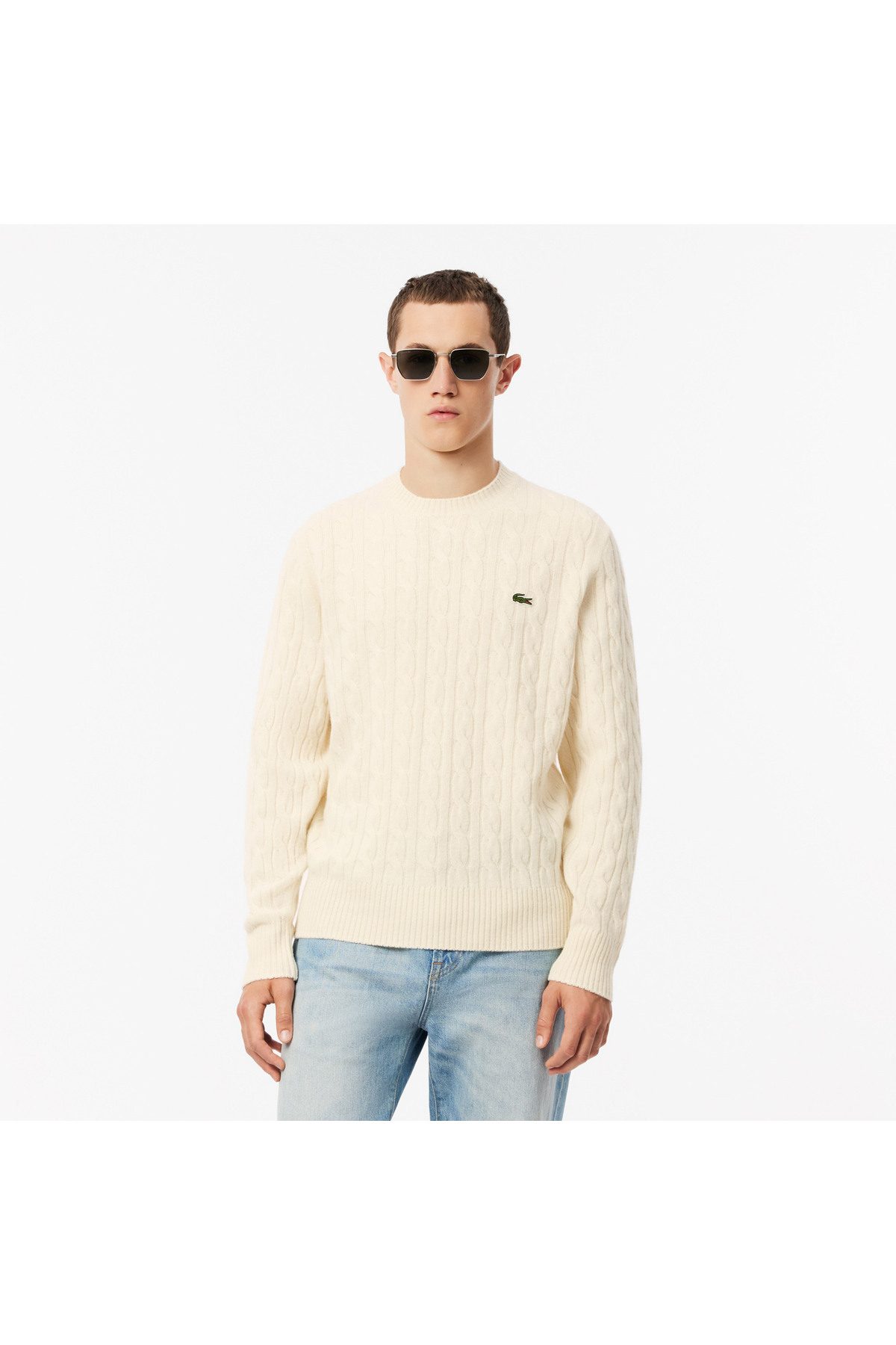 Lacoste Erkek Classic Fit Bisiklet Yaka Desenli Krem Yün Kazak — کرم AH2924