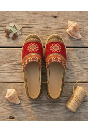 futsi shoes Kilim Desenli Hasır Taban Nakış Detaylı Hakiki Deri Kadın Espadri...