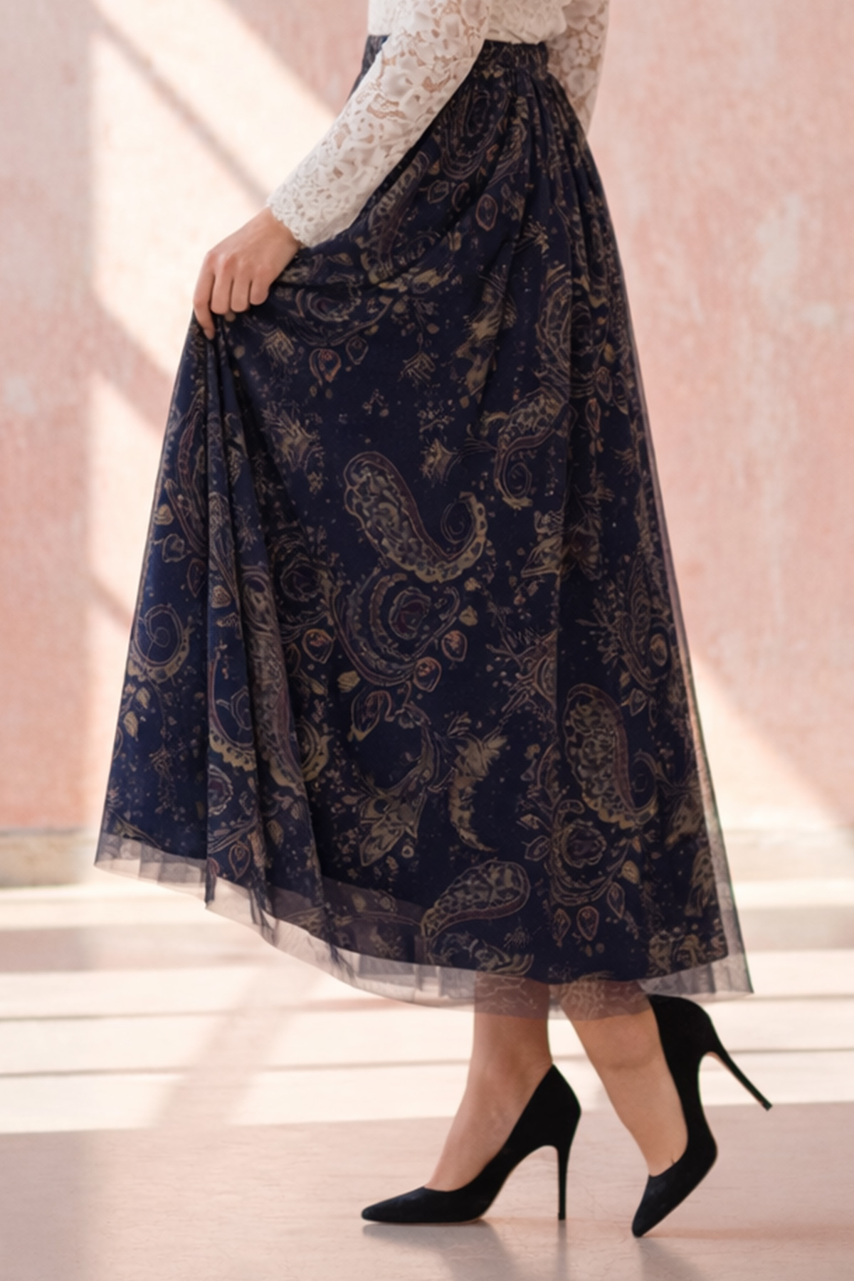 benguen  Desenli Tül Etek A222 Lacivert - Görsel 5