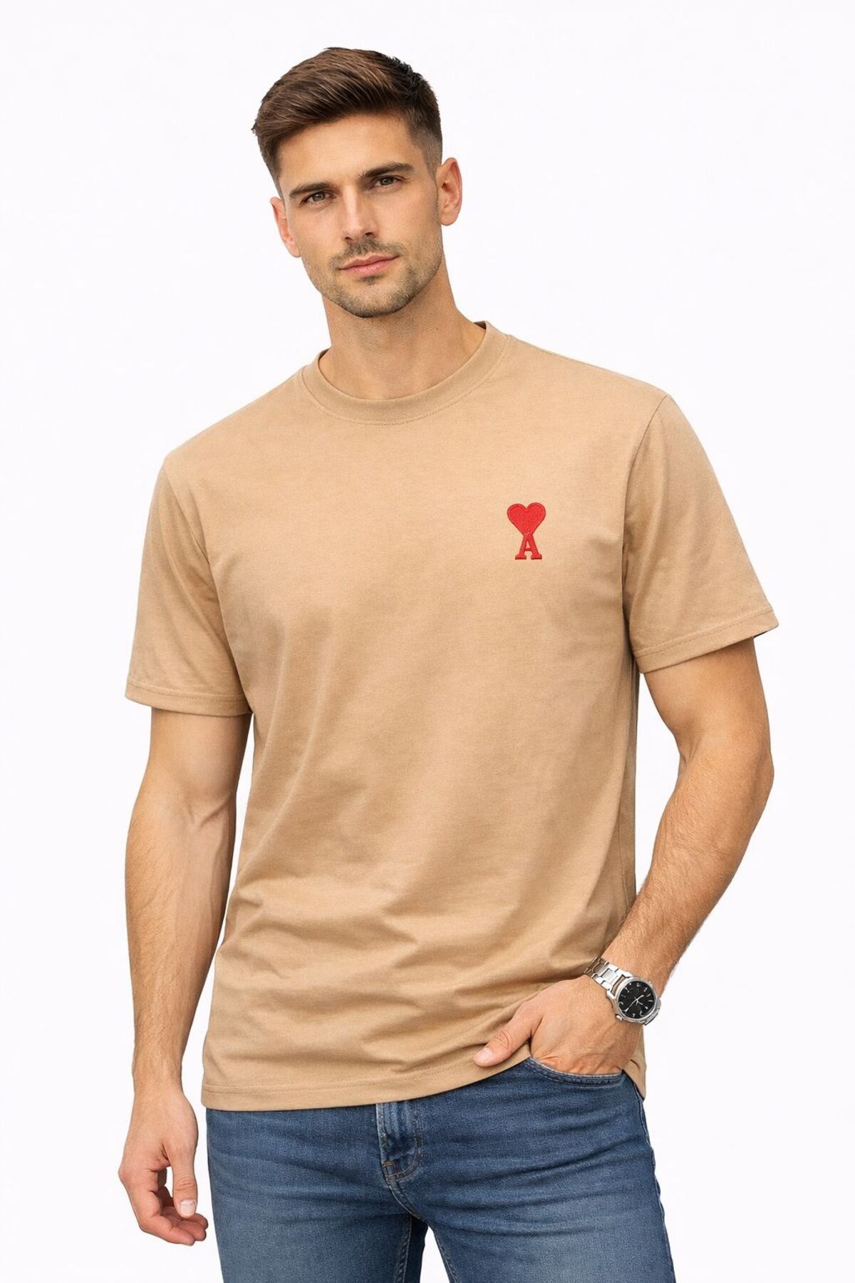 HZR wear Men's Embroidered Ami Heart Detailed T-Shirt Regular Fit Cotton