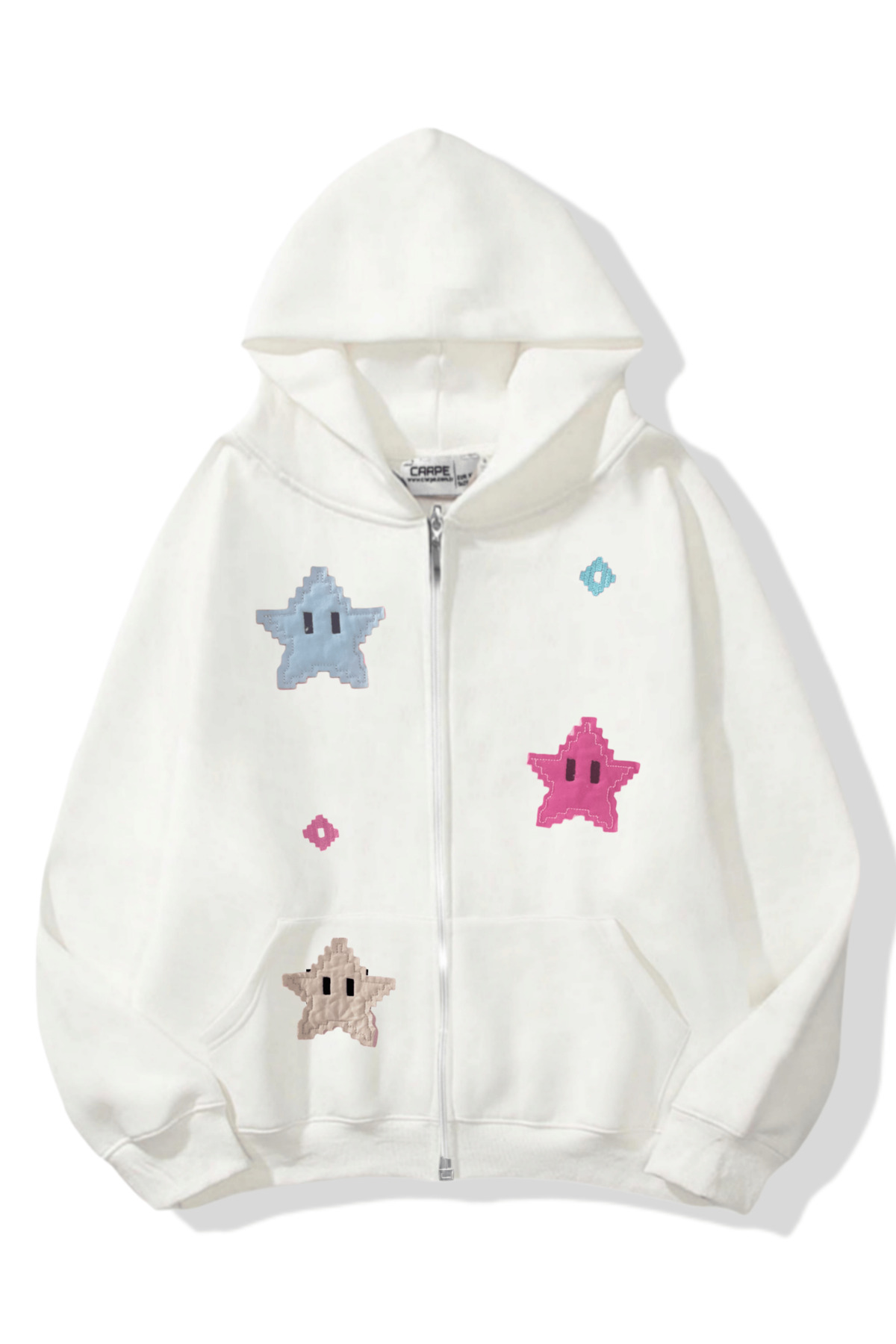 Minga London  Beyaz Pixel Stars Fermuarlı (UNİSEX) Kapüşonlu Sweatshirt-MingaLondon - Görsel 2