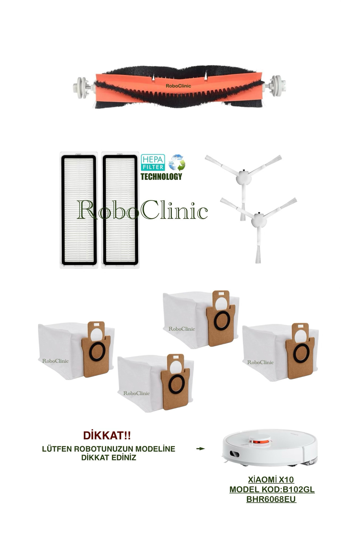 Xiaomi X10 Robot Vacuum Cleaner (MODEL CODE: B102GL) Compatible Replacement Dust Bag, Brush, Filter, Set-9 Pieces