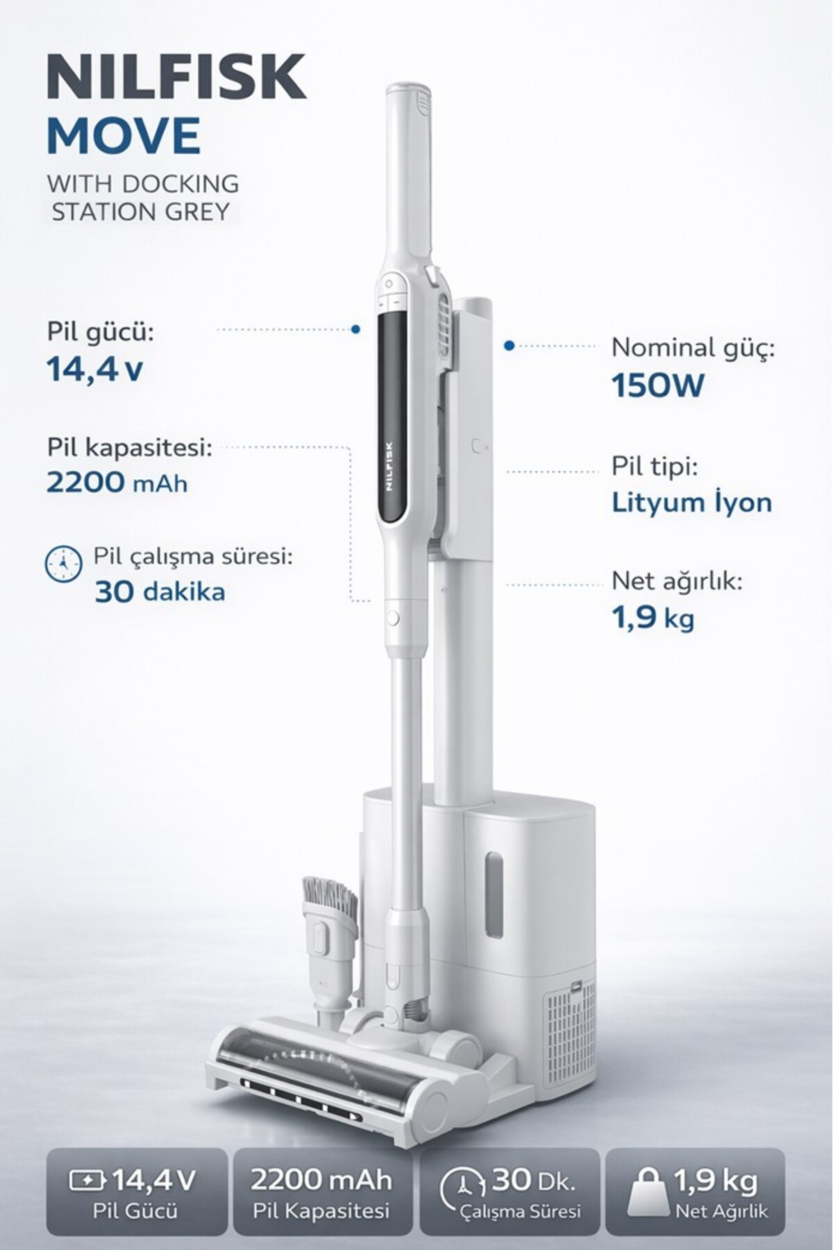 Nilfisk MOVE WITH DOCKING STATION BLACK - KABLOSUZ STANT'LI DİKEY ŞARJLI SÜPÜRGE / SİYAH