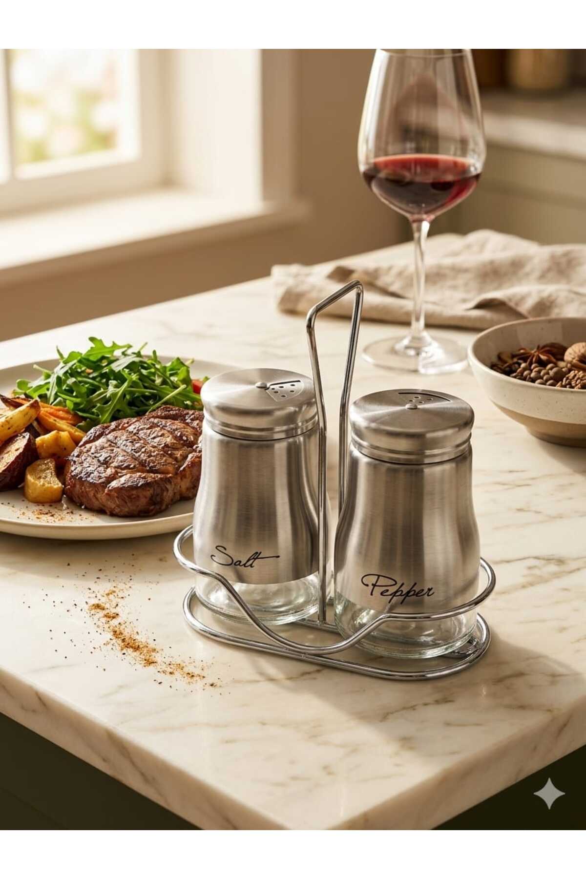 OLIVE OIL - TALK'BOUT 2枚セット LOVYCO Paslanmaz Çelik Standlı Cam Tuzluk ve Karabiberlik Seti 2