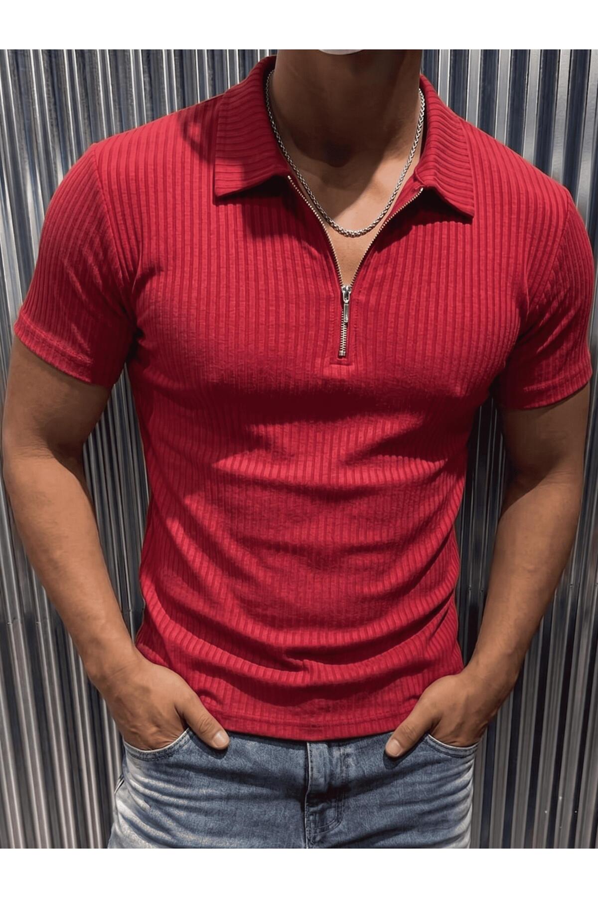 Luuk Men's Slim Fit Zippered Polo Collar Ribbed T-Shirt