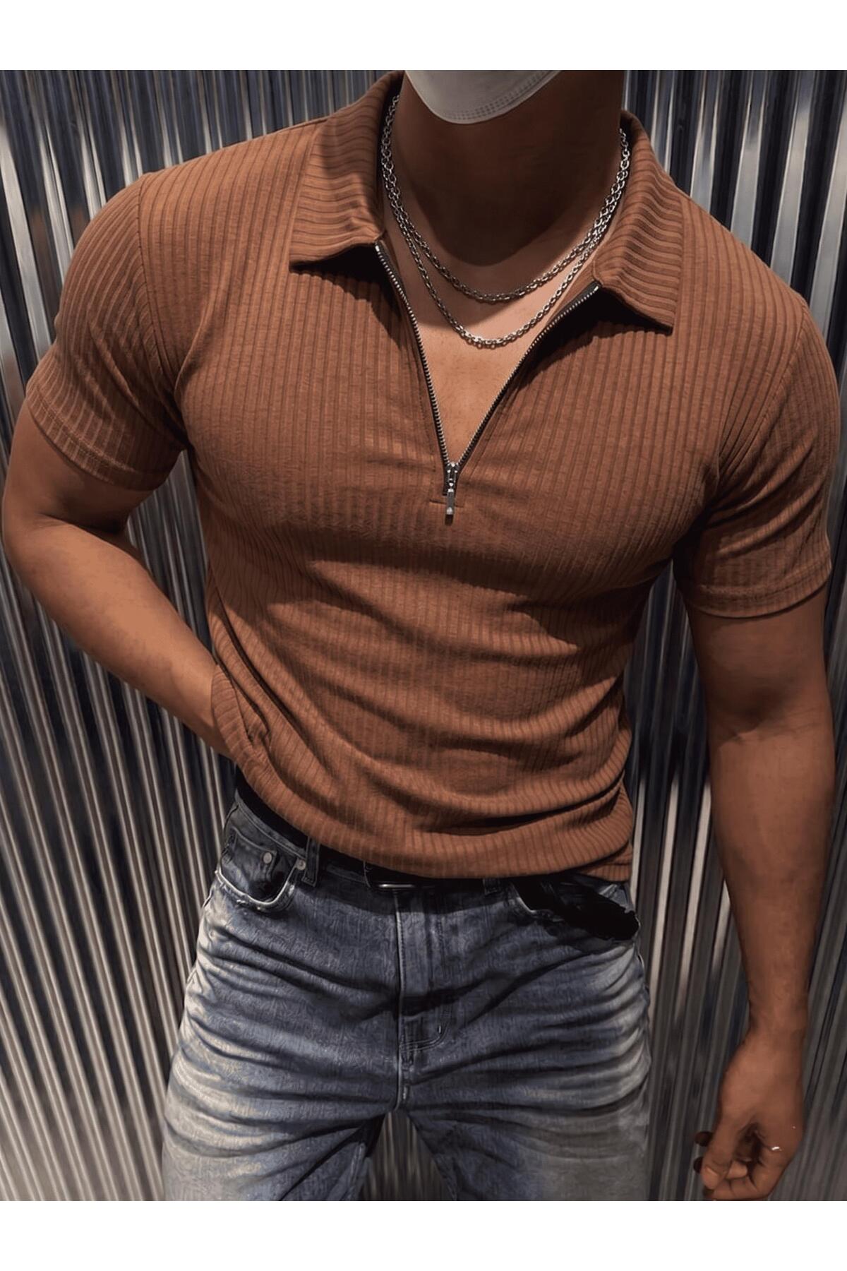 Luuk Men's Slim Fit Zippered Polo Collar Ribbed T-Shirt