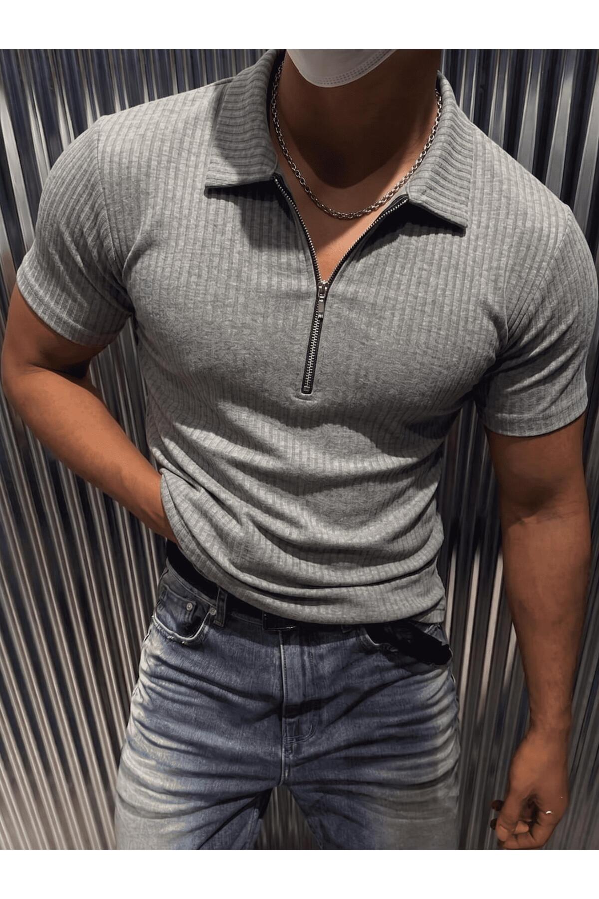 Luuk Men's Slim Fit Zippered Polo Collar Ribbed T-Shirt